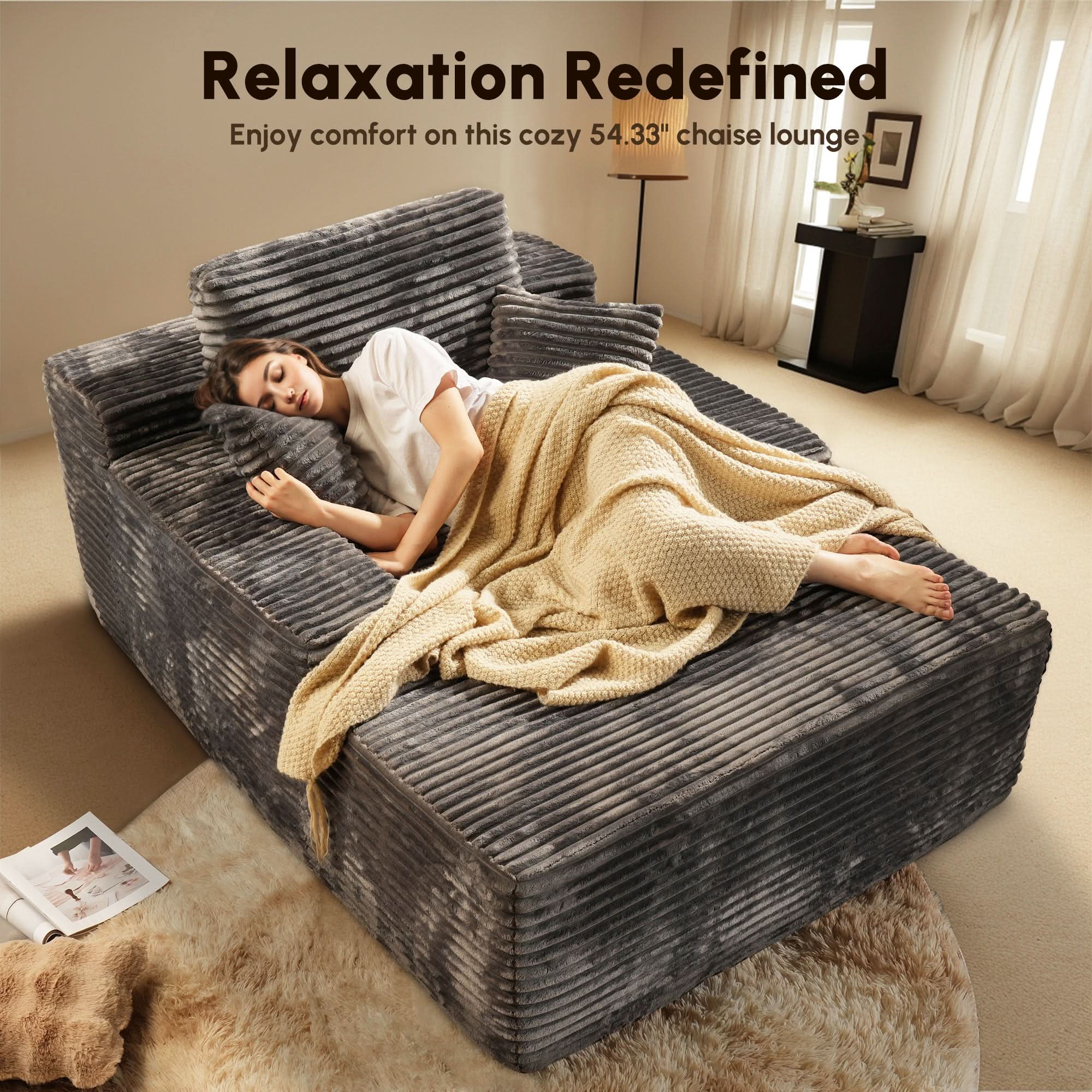 Ovios Boneless Chaise Lounge,Luxurious Faux Fur, No Assembly Required