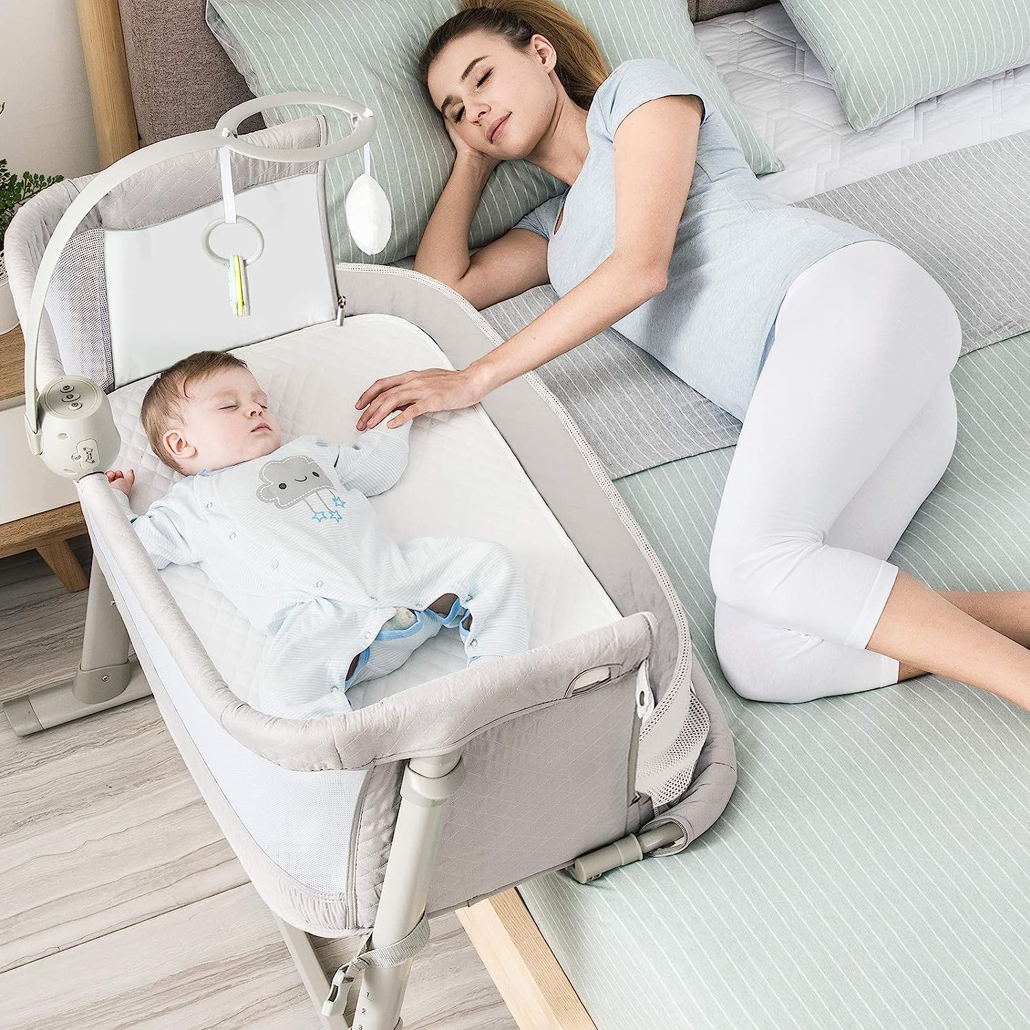 Baby Bedside Baby Bassinet, Best Bed Cribs for Infant Newborn, Portable Sleeper for Safer Co-Sleeping, Bed Crib Plus Hanging Figurine, Music, and Built-in Wheels - Girl Boy Unisex