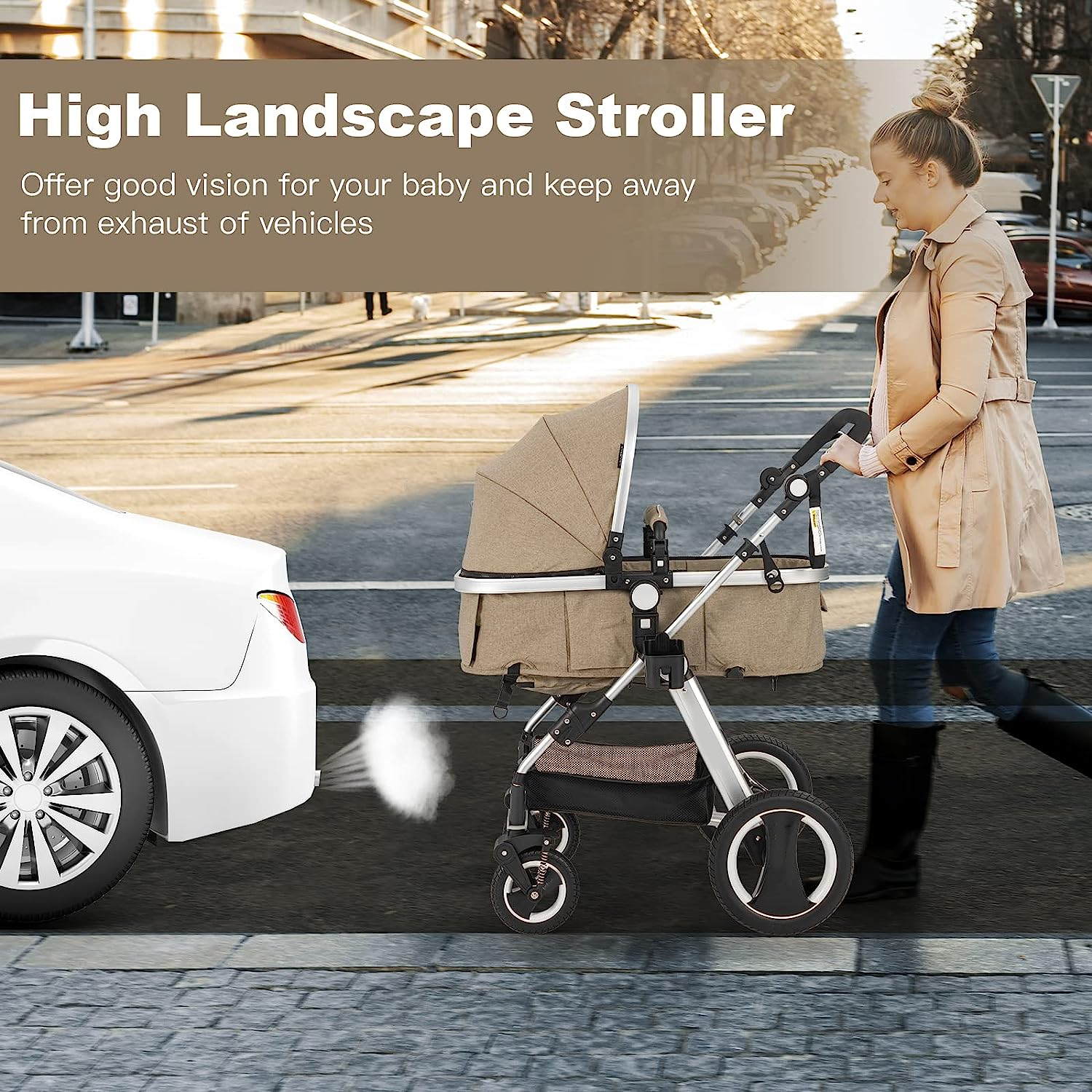 Baby Stroller, 2-in-1 Convertible Bassinet Reclining Stroller, Foldable Pram Carriage with 5-Point Harness, Including Cup Holder, Foot Cover, Diaper Bag, Aluminum Structure, Khaki