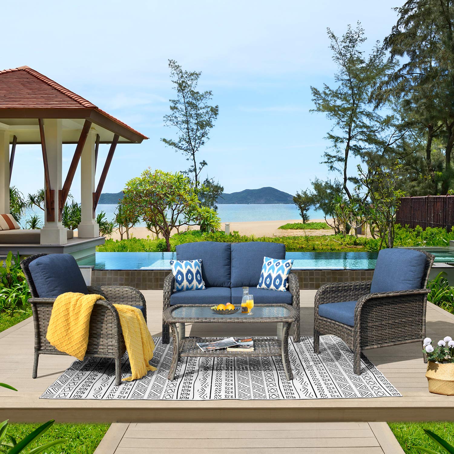Ovios Patio Furniture Set New August 4 Piece High Back All Weather PE Wicker