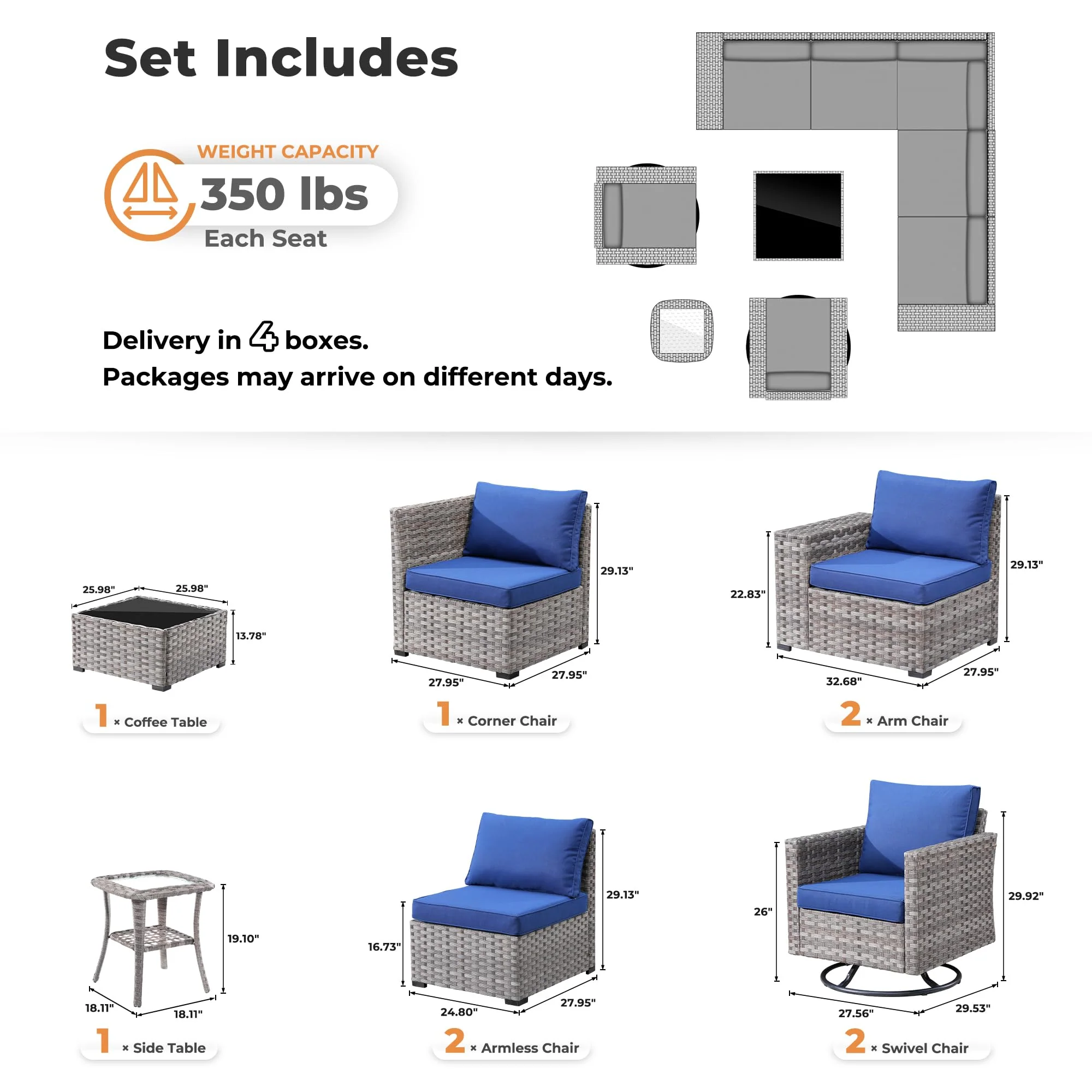 Ovios 9 Pieces Outdoor Furniture with 7.68'' Broad Handrails and Rocking Chair