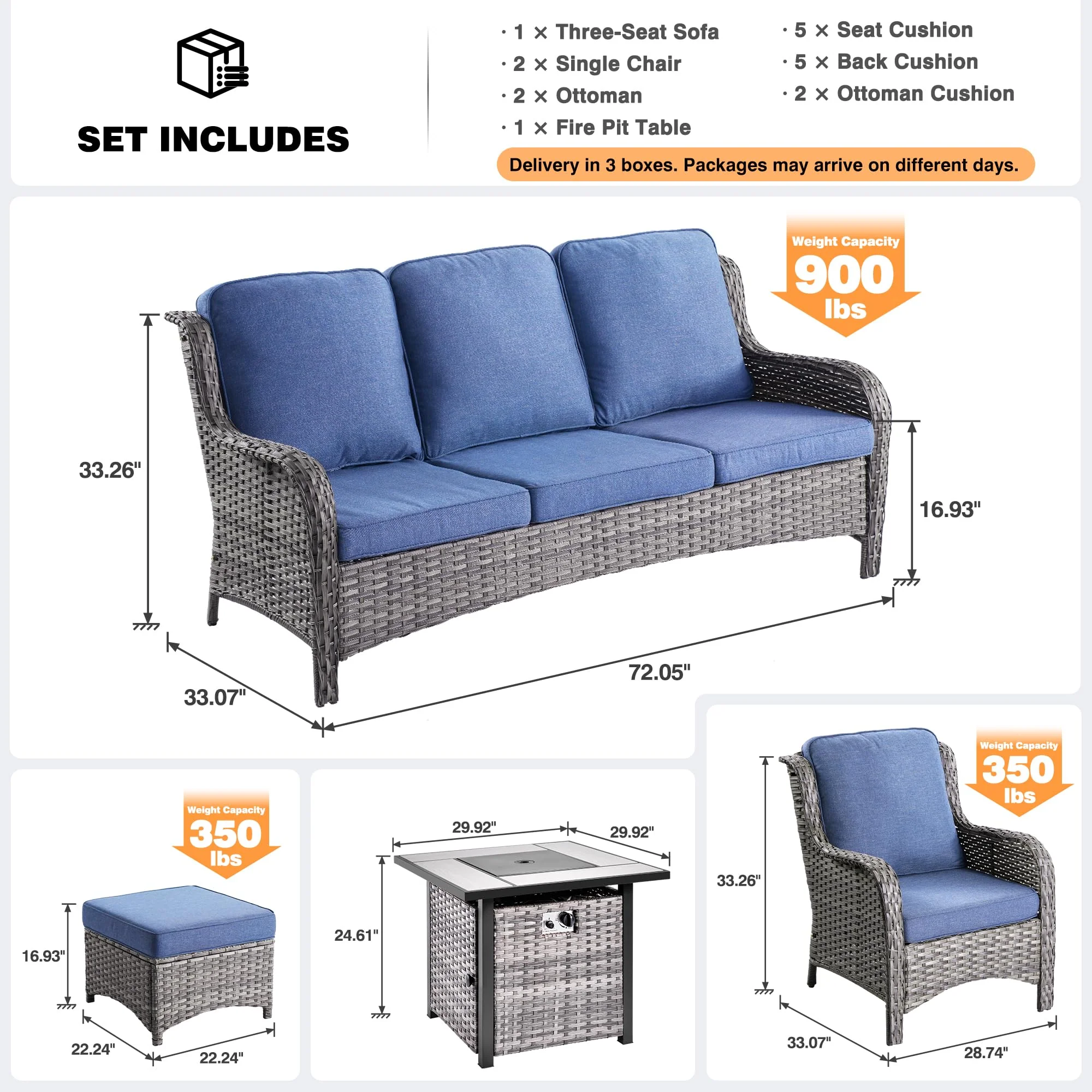 Ovios Patio Conversation Set 6-Piece with 30' Fire Pit Table and Kenard Set