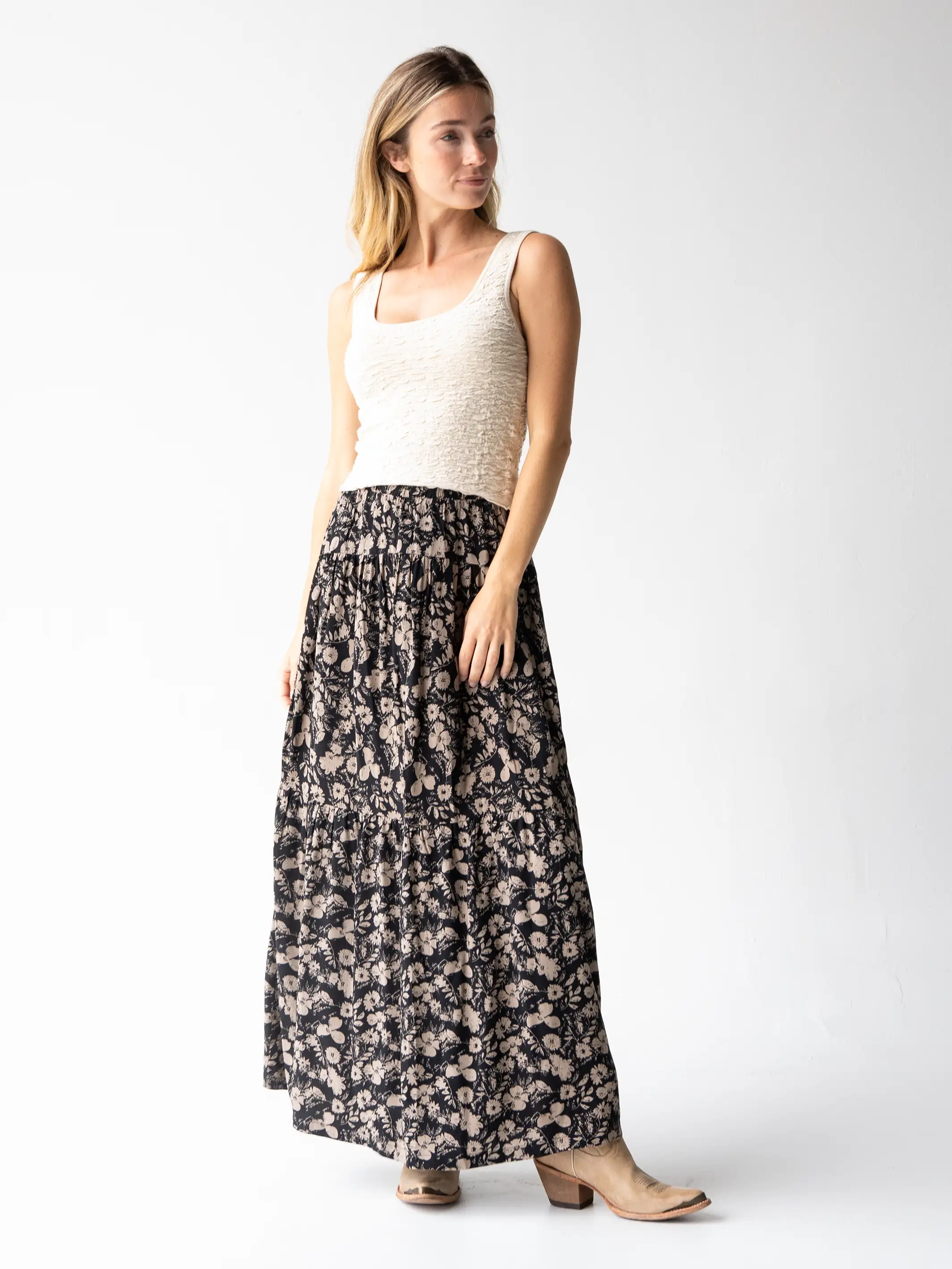 Calla Maxi Skirt - Black Tan Leafy Floral