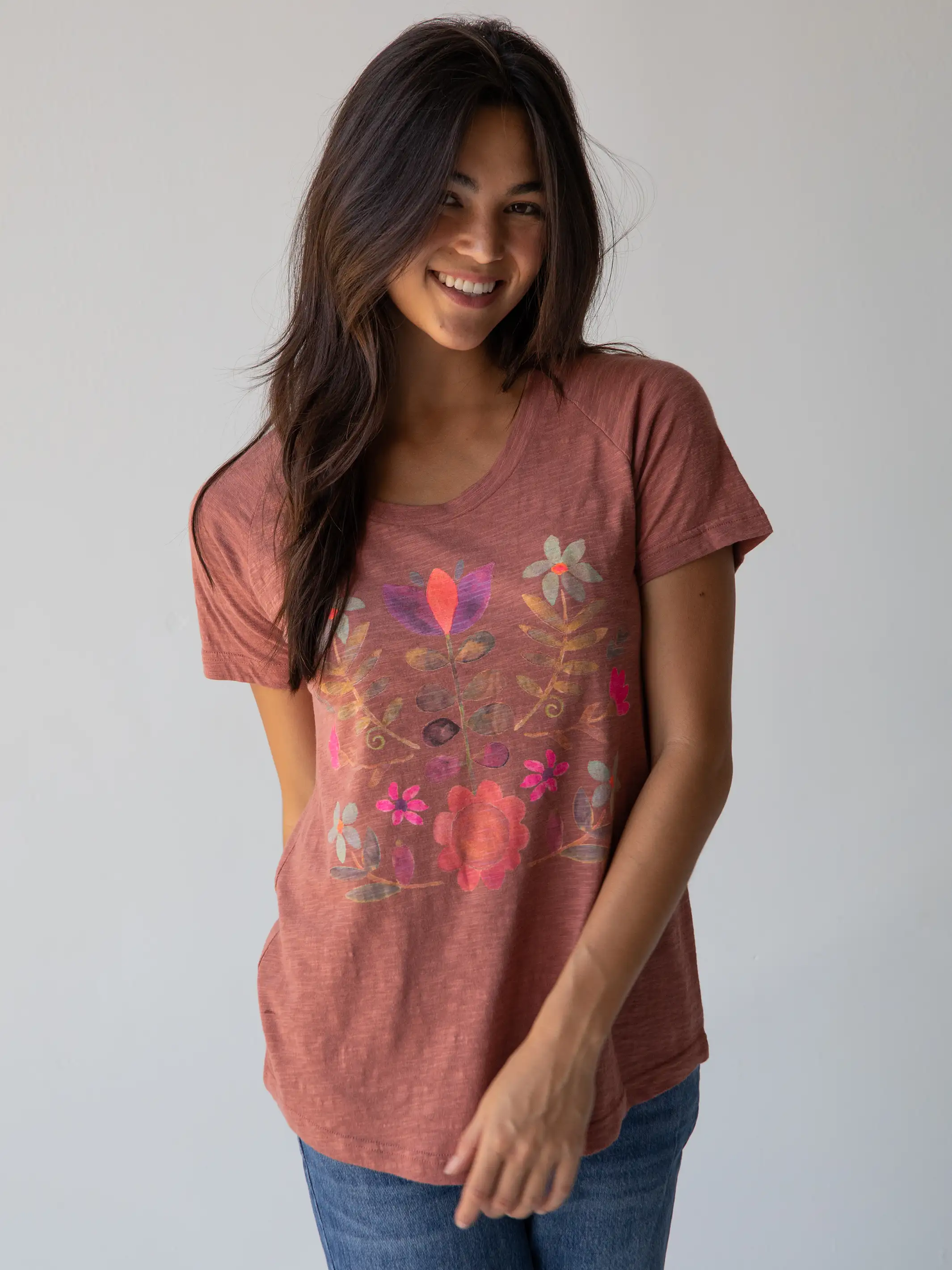 Boho Tee Shirt - Rust Folk Flower