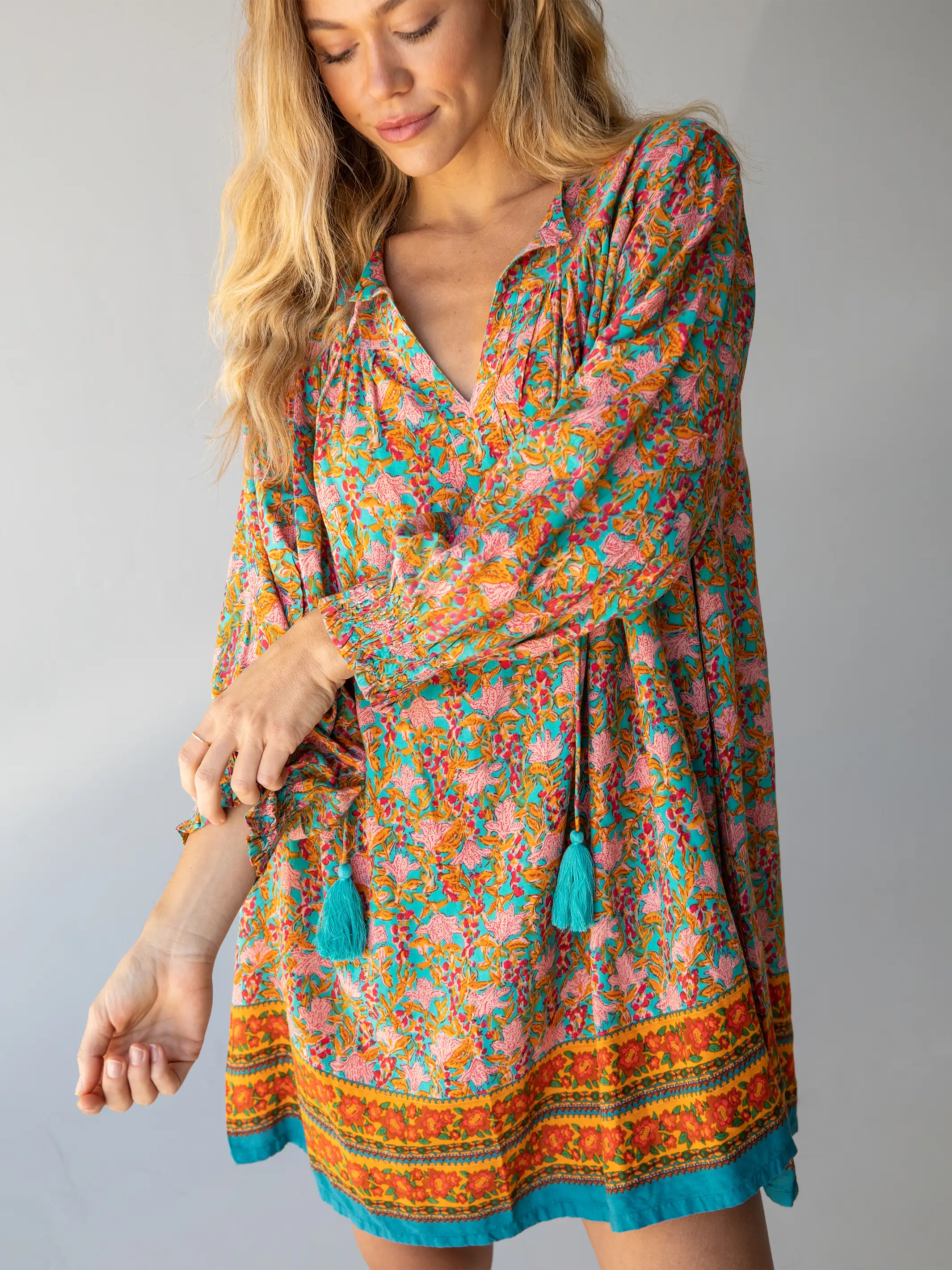 Dara V-Neck Mini Dress - Turquoise Orange Border