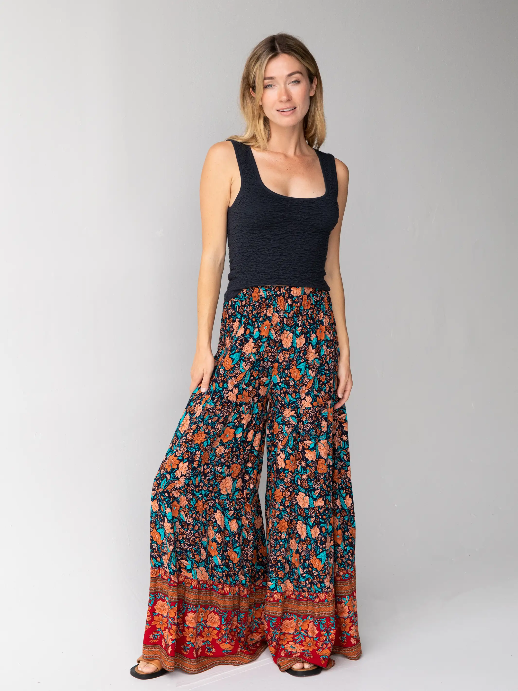 Patti Palazzo Pant - Navy Red Floral Border