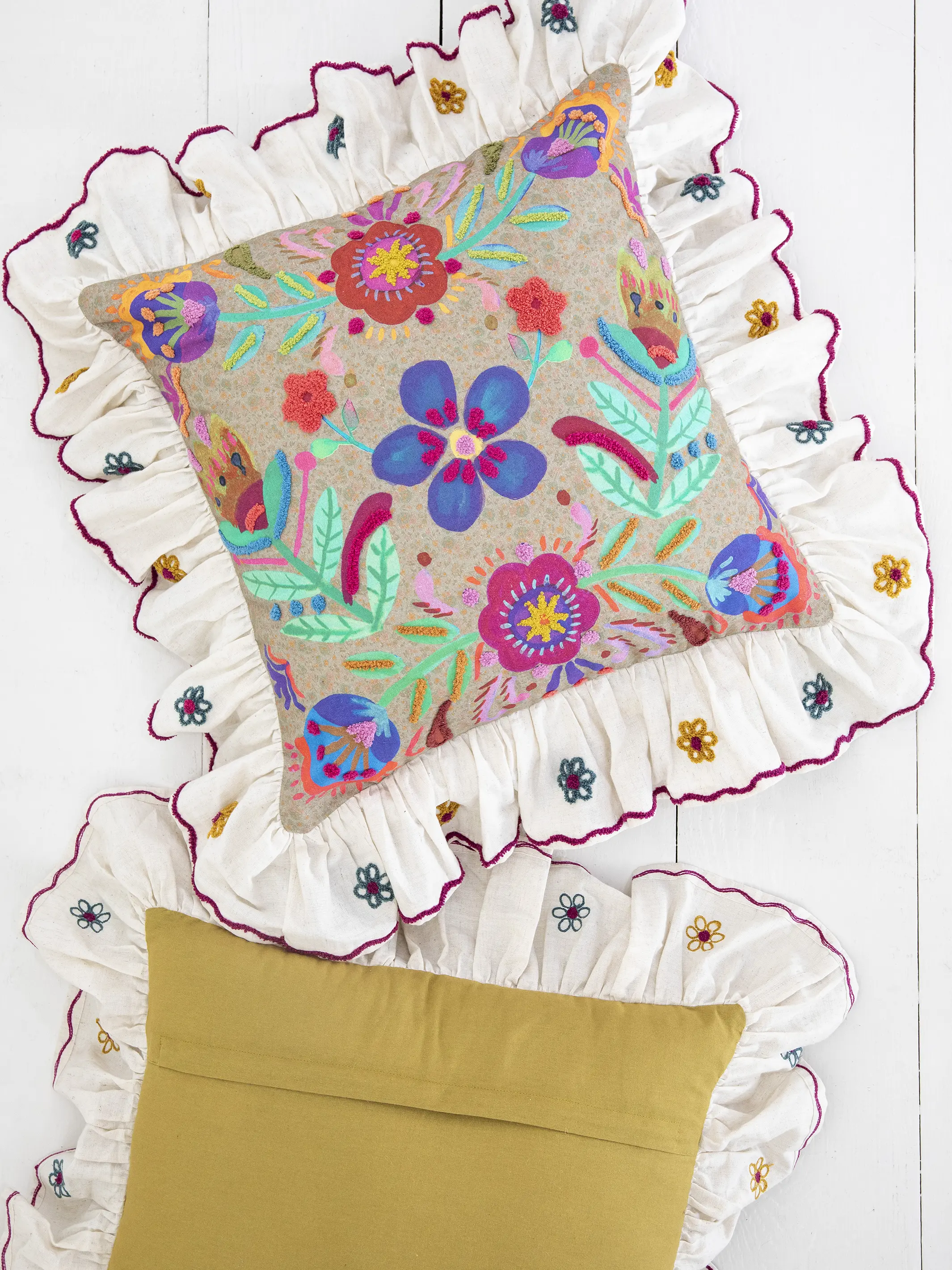 Tufted Ruffle Pillow - Sage Folk Flower