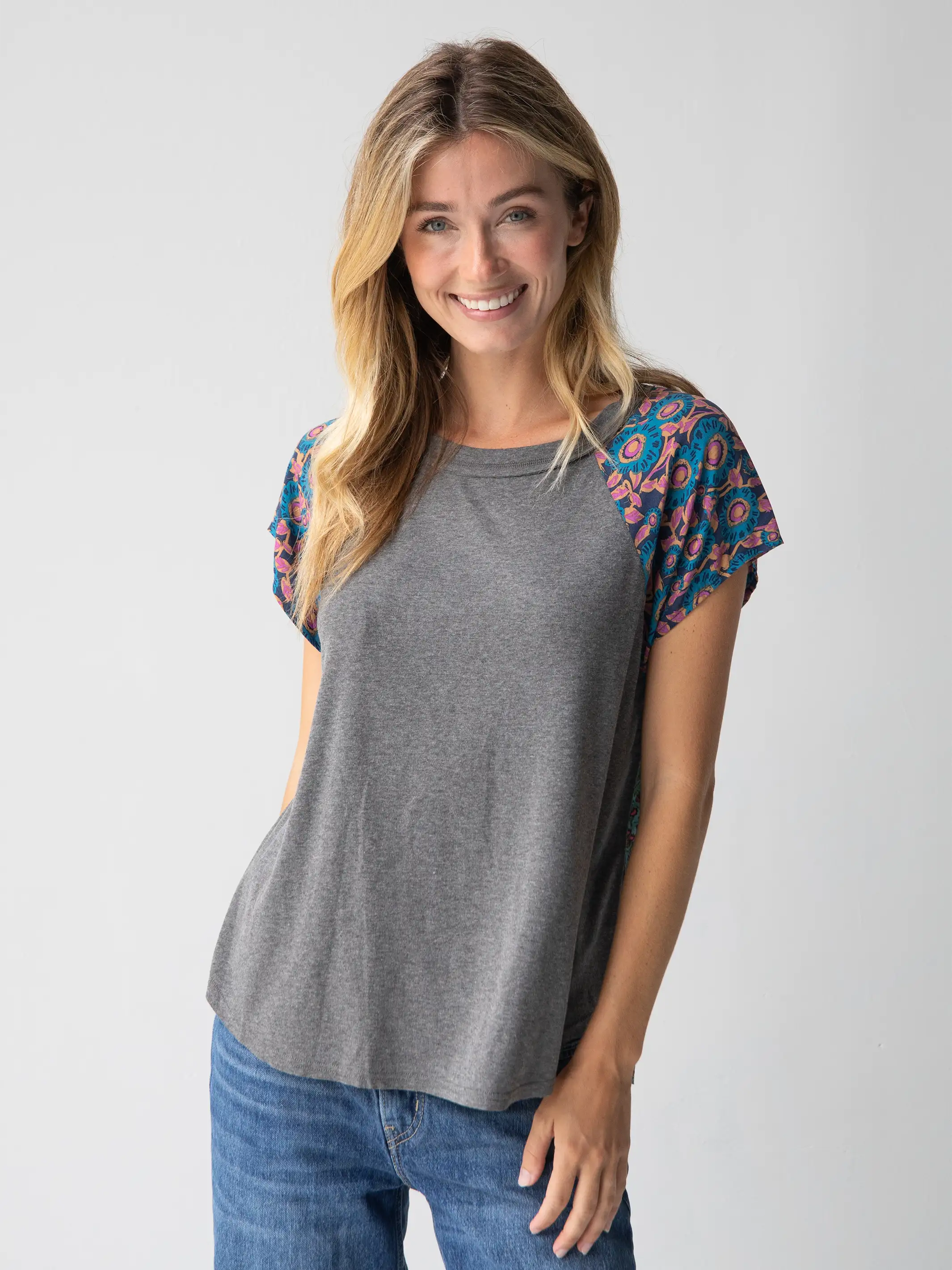 Daphne Mixed Print Top - Teal Turquoise