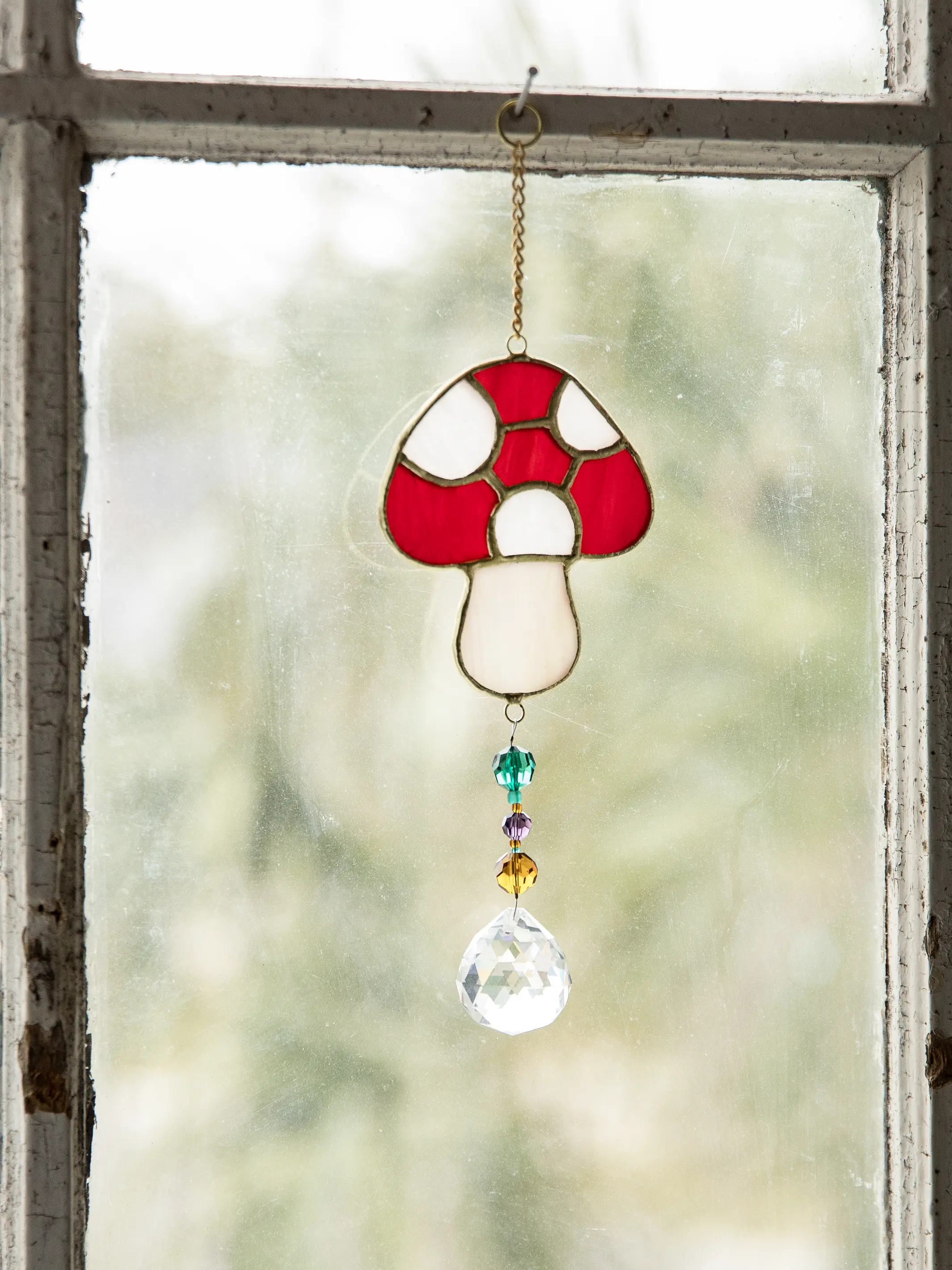 Stained Glass Window Hanging - Red Mushroom