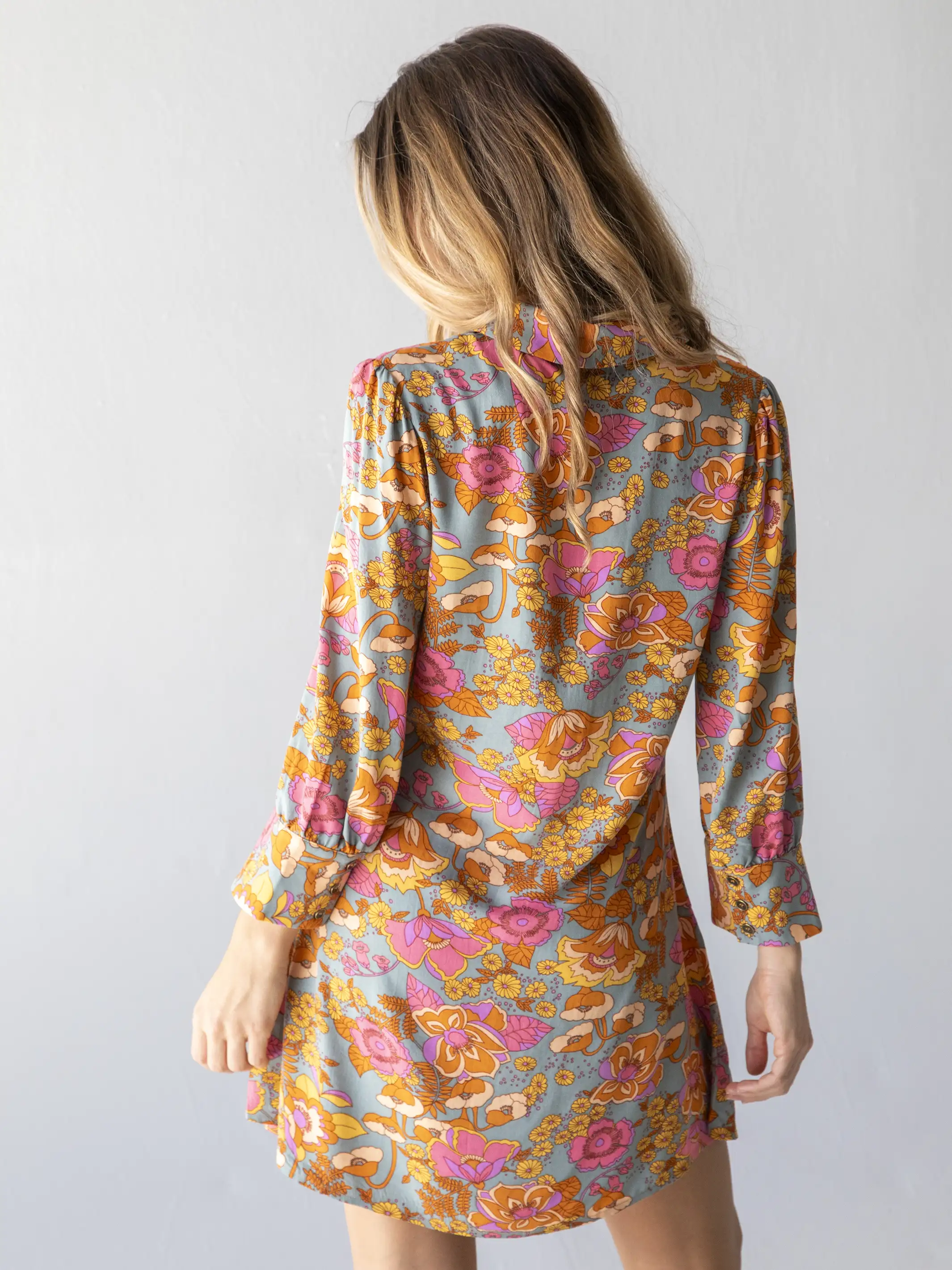 Twiggy Mini Shirt Dress - Grey Pink Floral