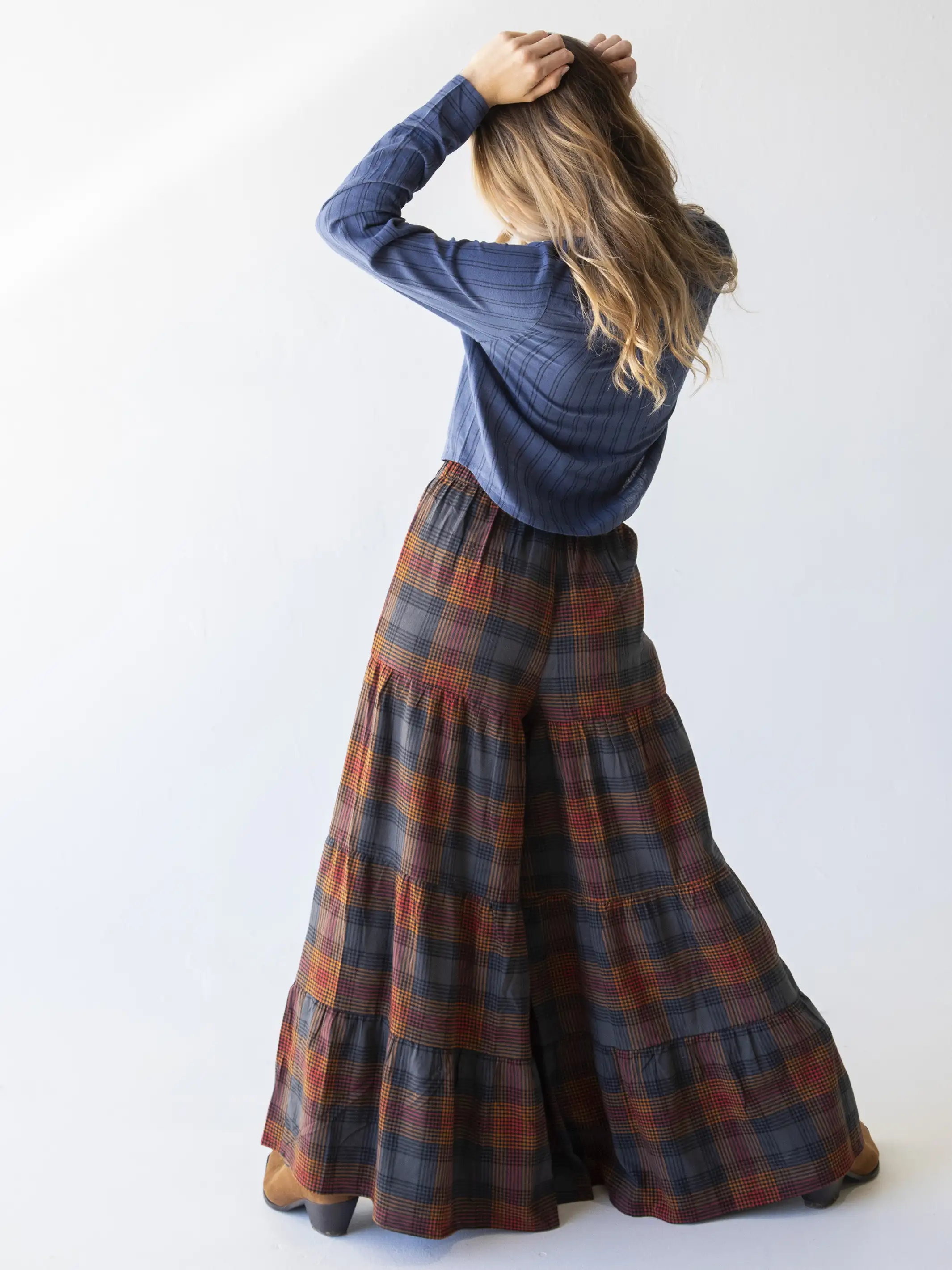 Flannel Patti Palazzo Pant - Black Orange Plaid