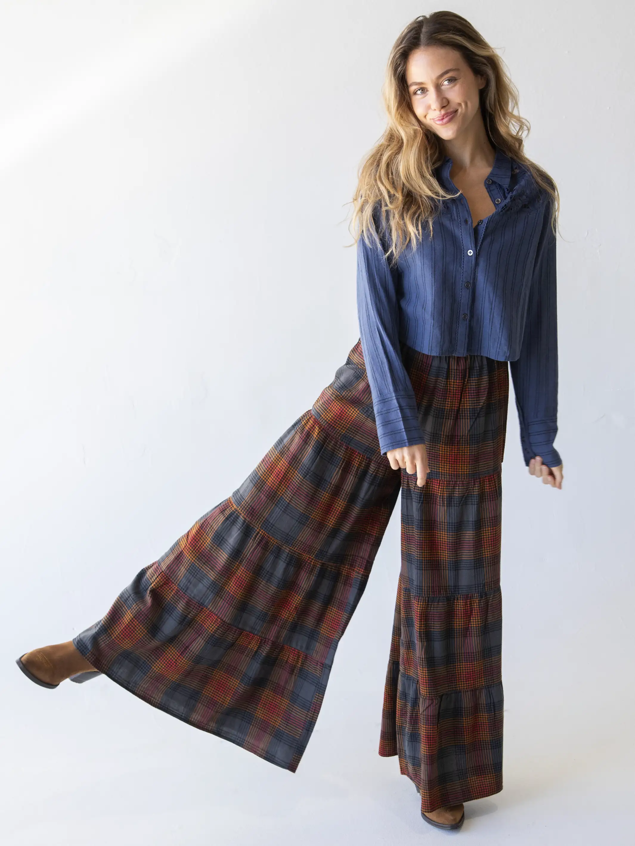 Flannel Patti Palazzo Pant - Black Orange Plaid