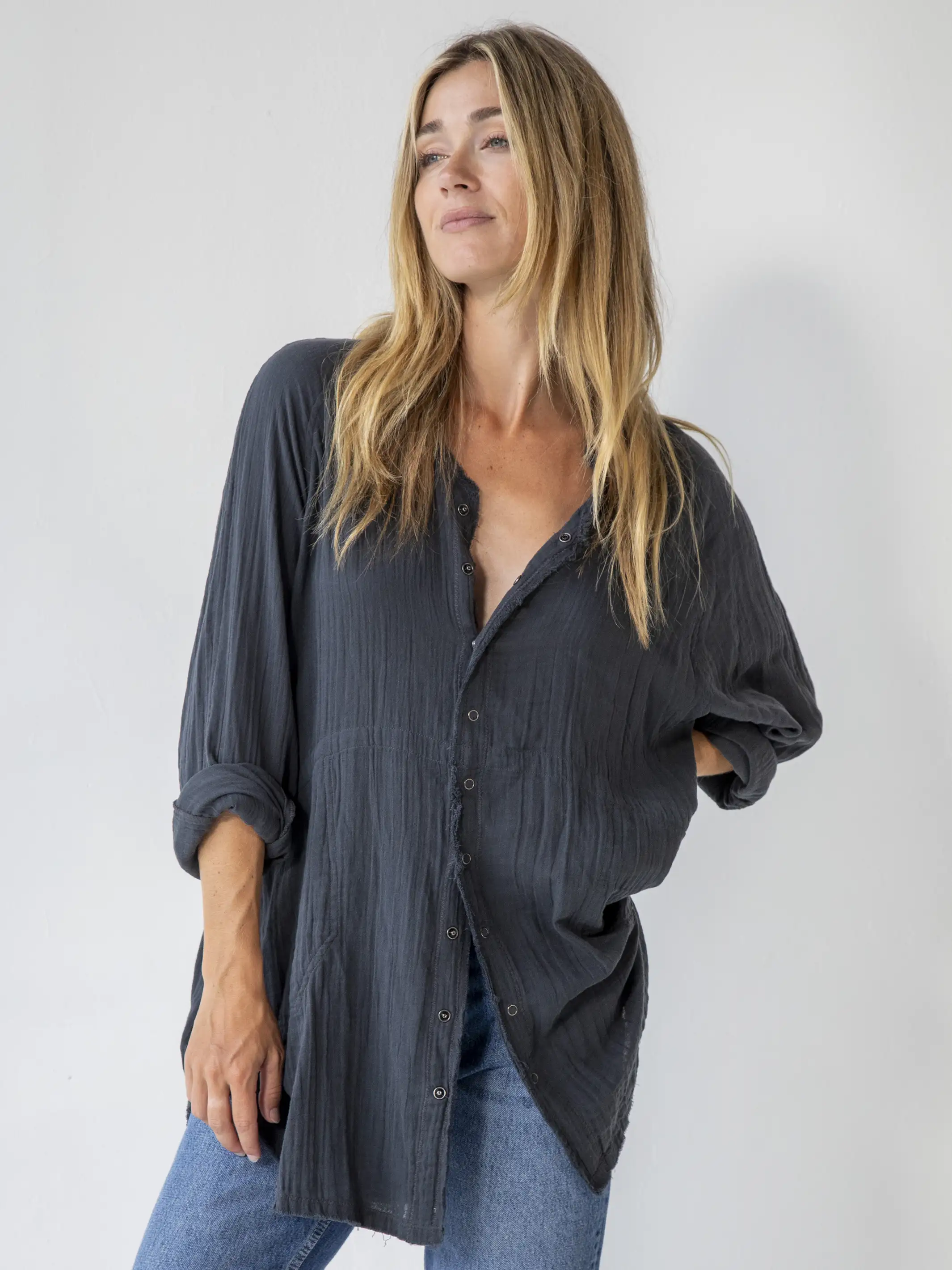 Laid Back Button Down Top - Charcoal