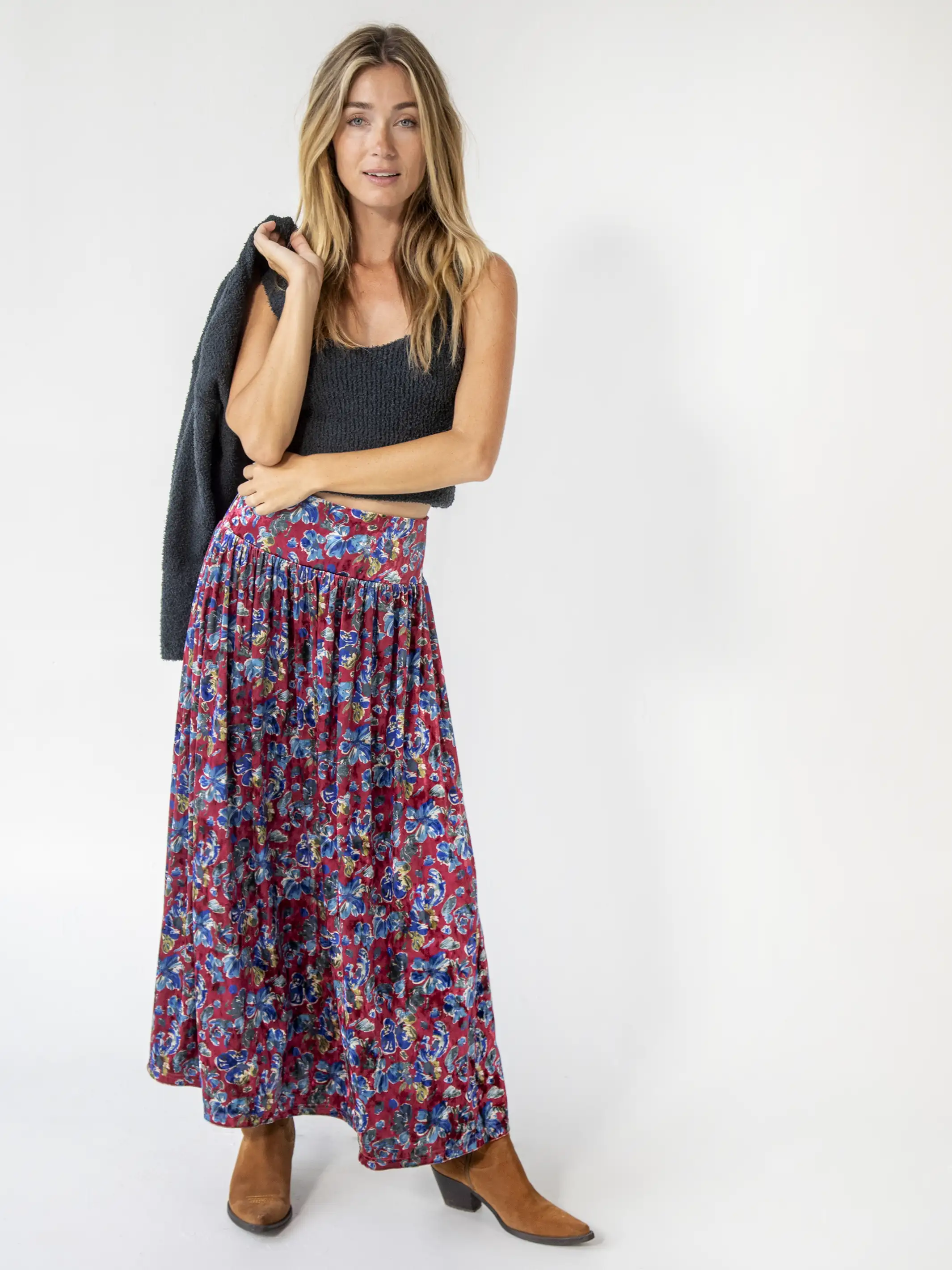 Lisa Velvet Maxi Skirt - Red Blue Floral
