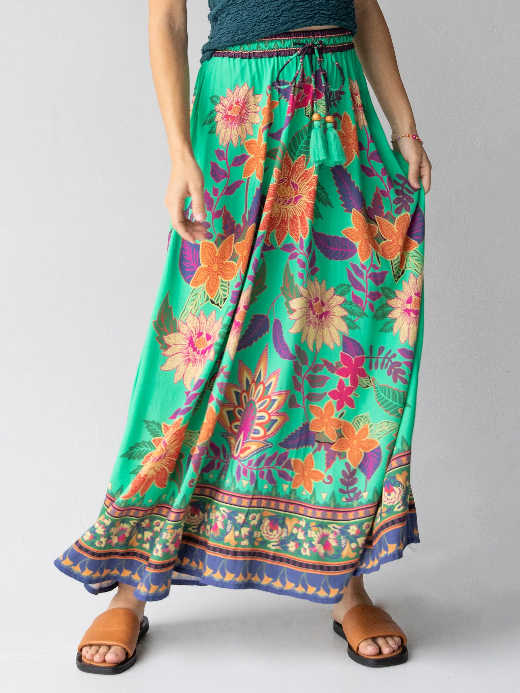 Milena Skirt - Green Bright Floral Border