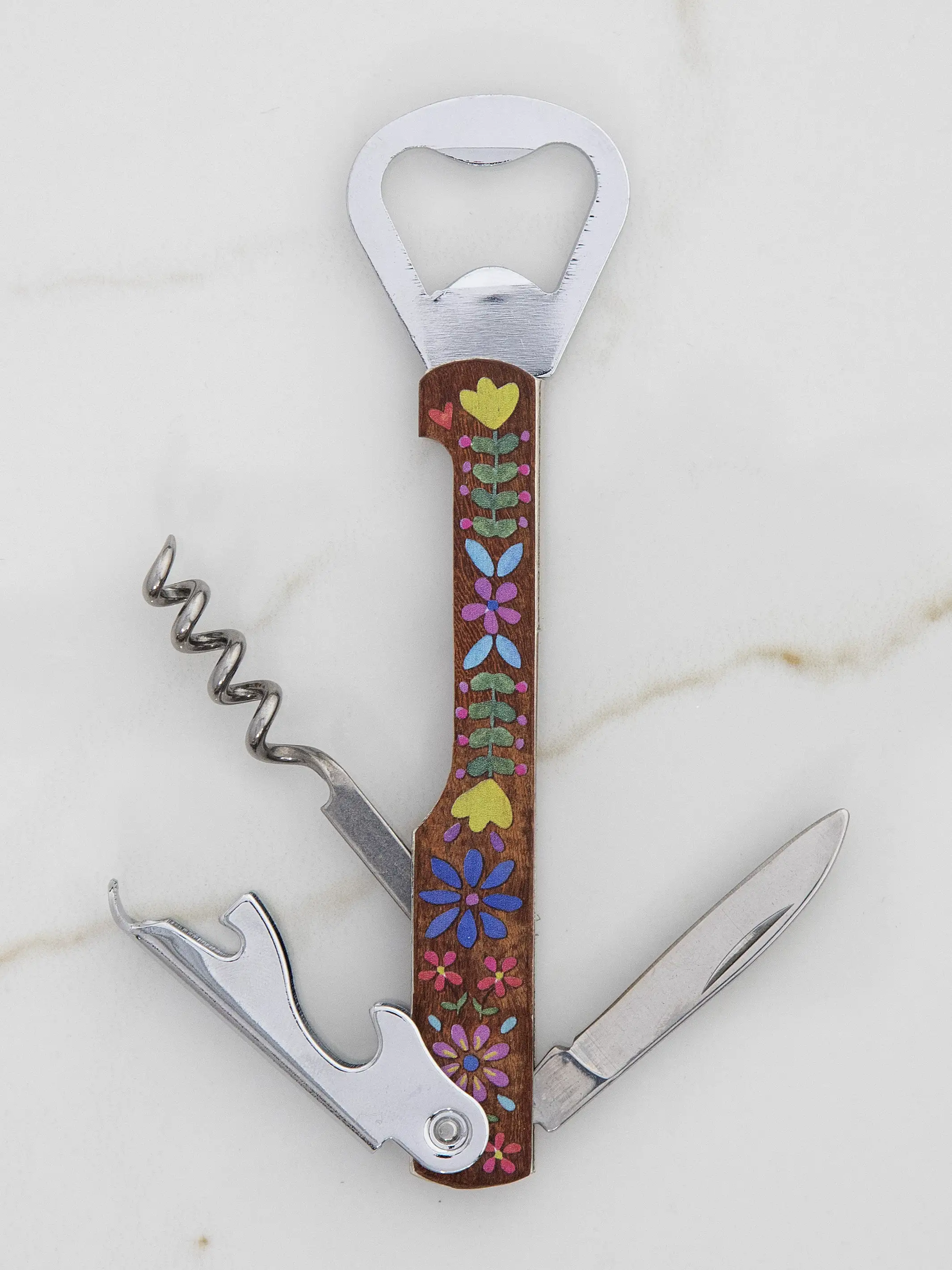 Wooden Wine Key - Folk Flower