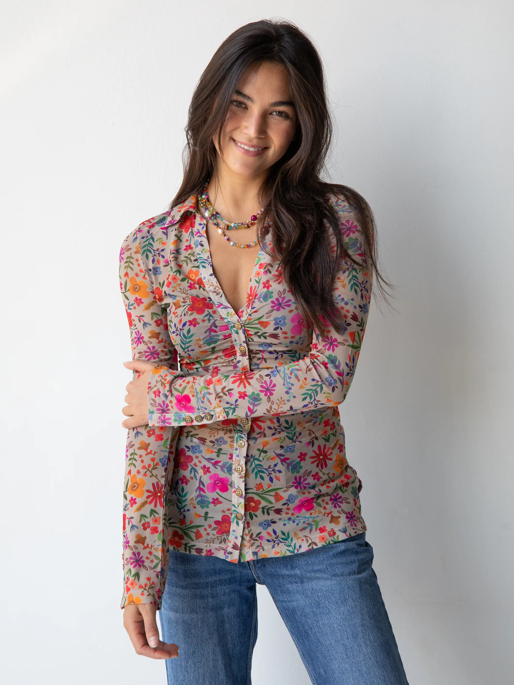 Carina Mesh Top - Grey Bright Floral