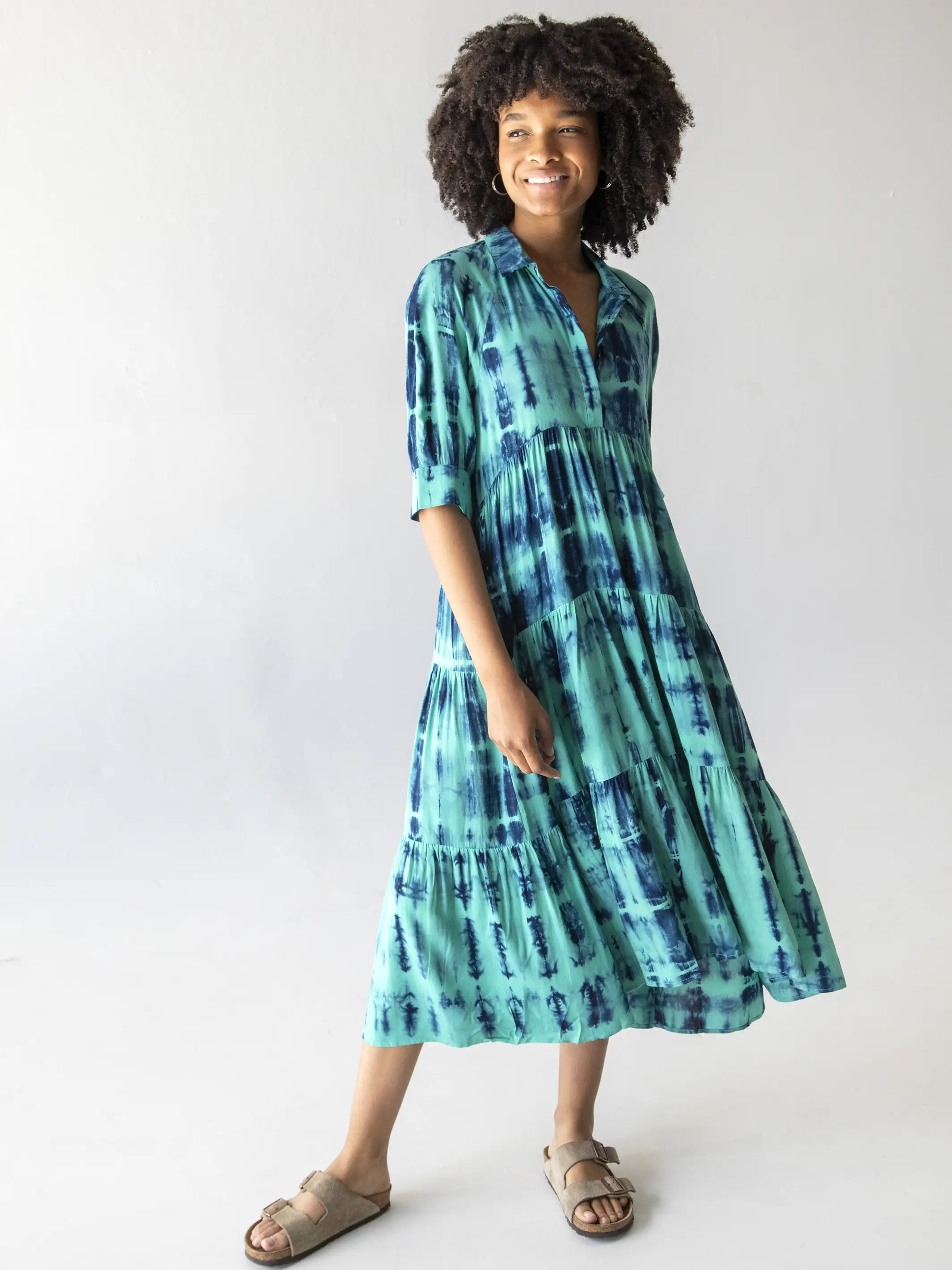 Rebecca Midi Dress - Turquoise Navy Tie-Dye