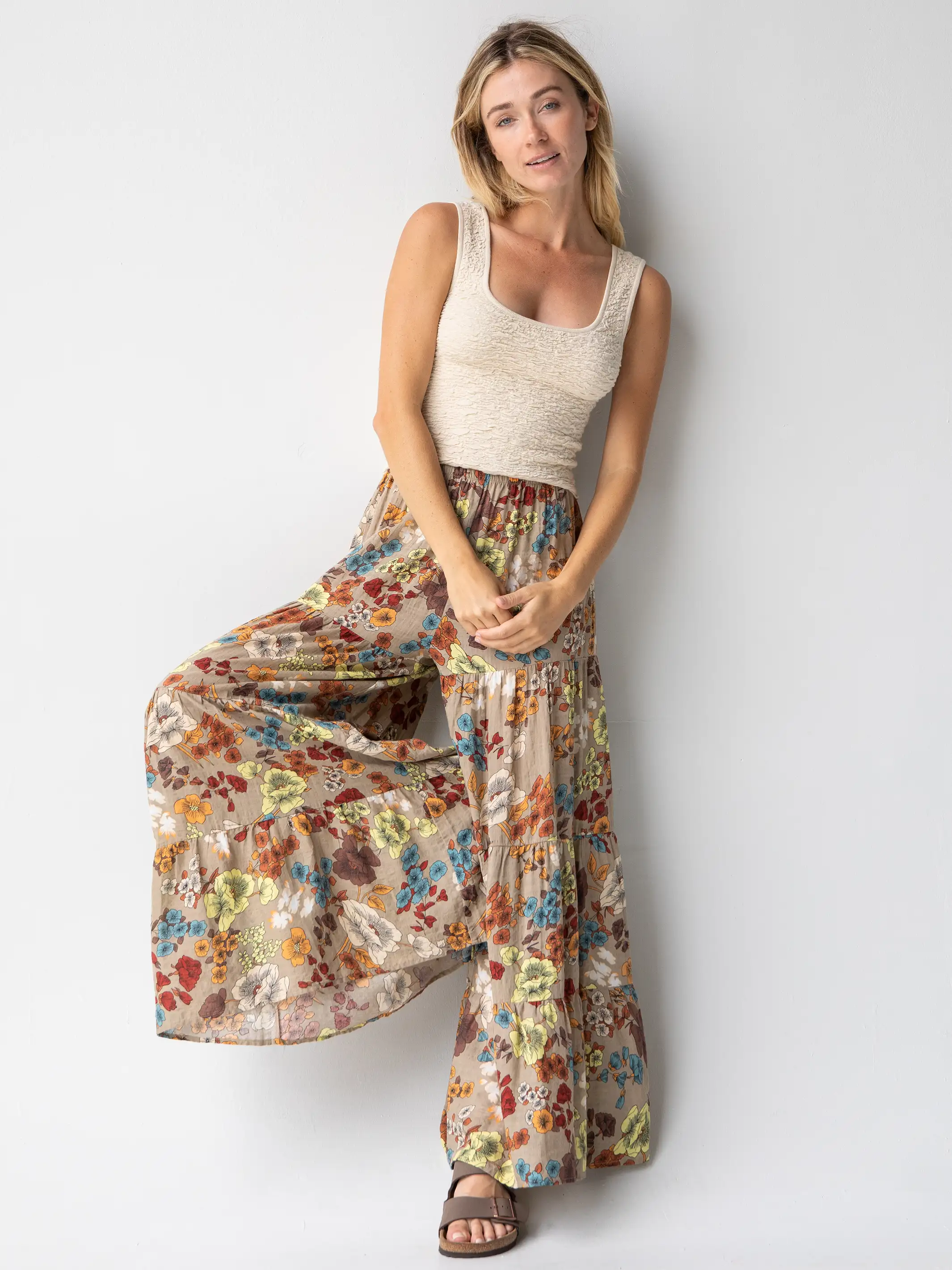 Cotton Patti Palazzo Pant - Tan Cream Floral