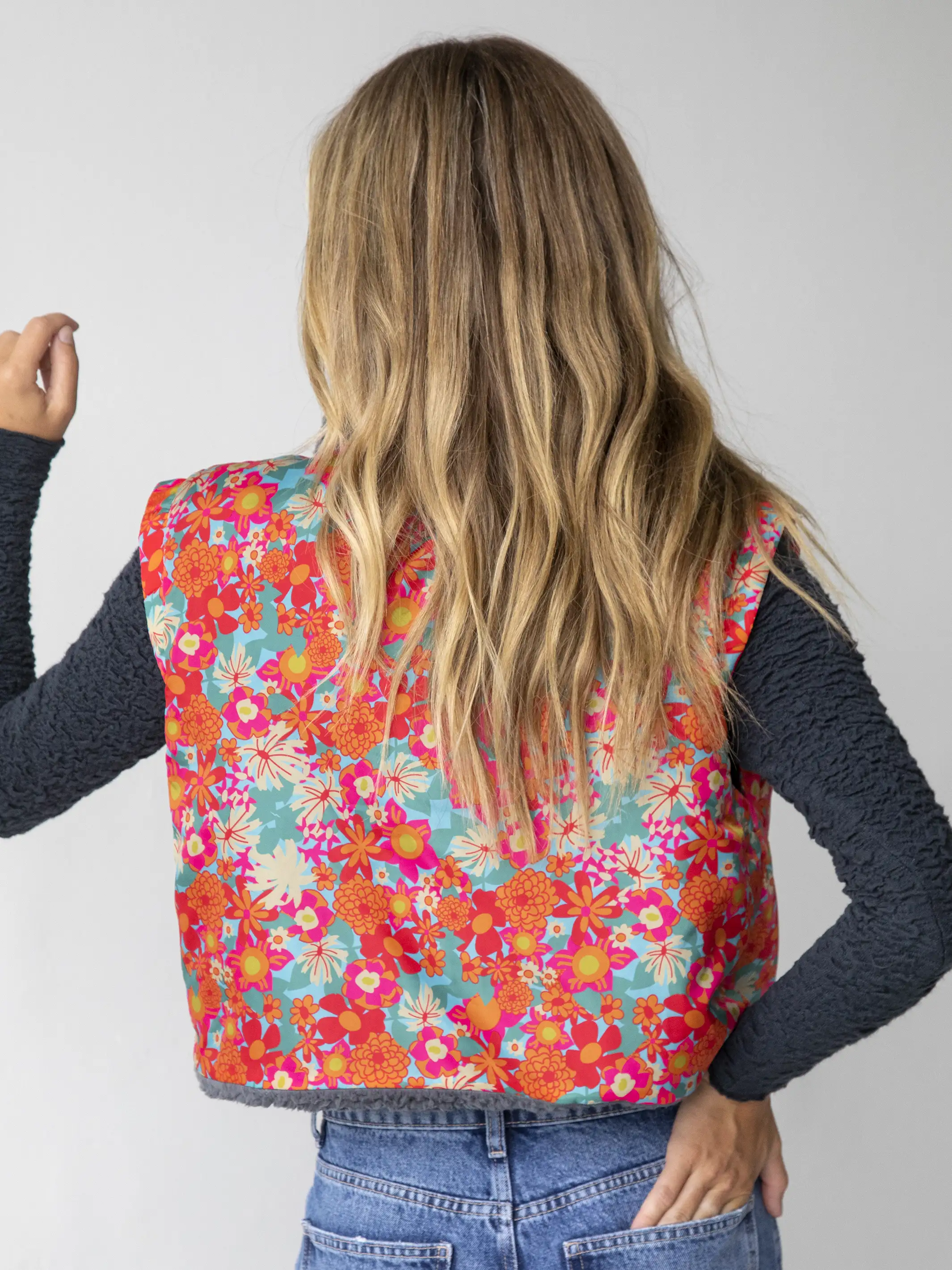 Reversible Sherpa Vest - Bright Pink Floral