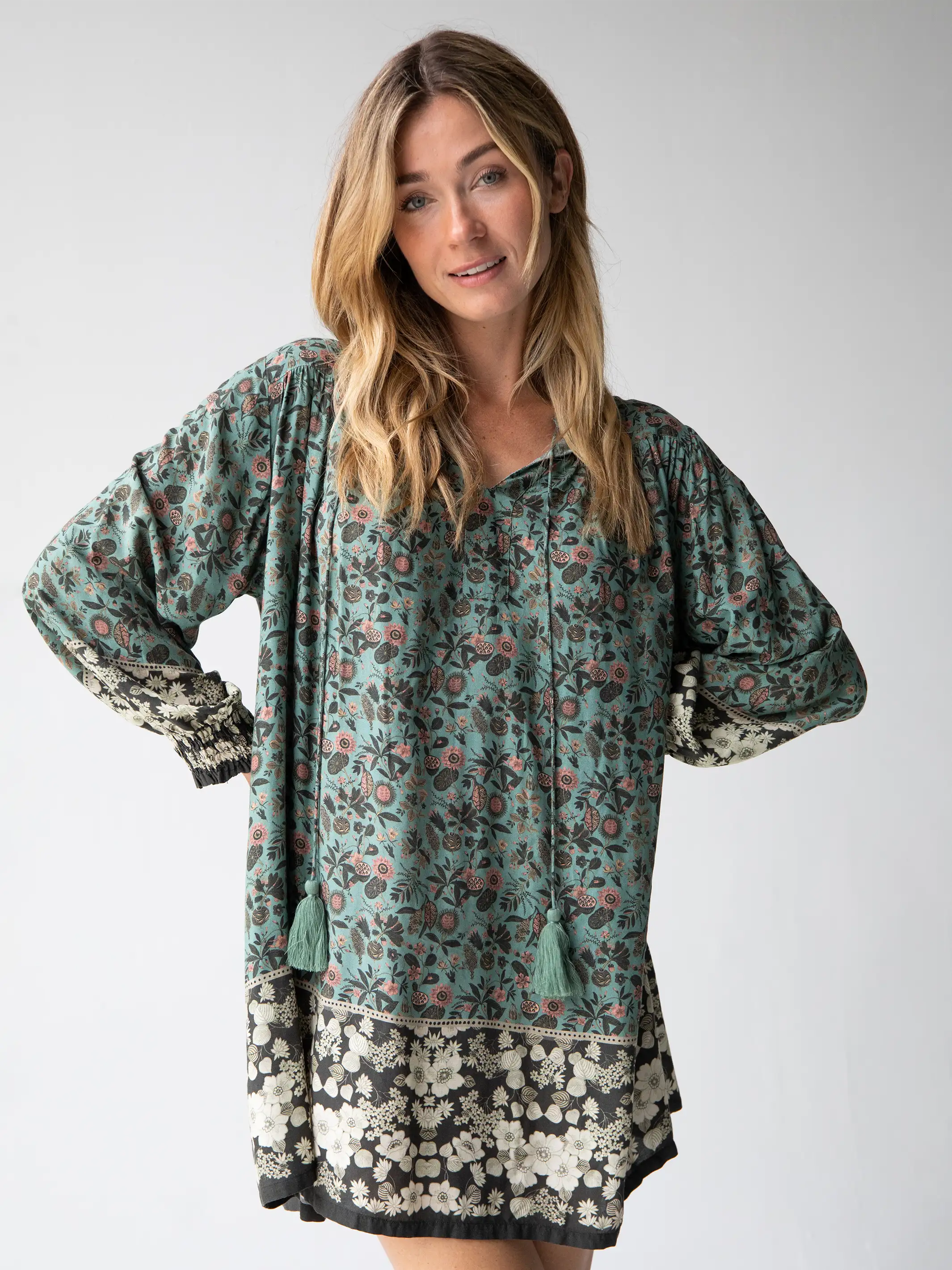 Dara V-Neck Mini Dress - Sage Black Floral Border