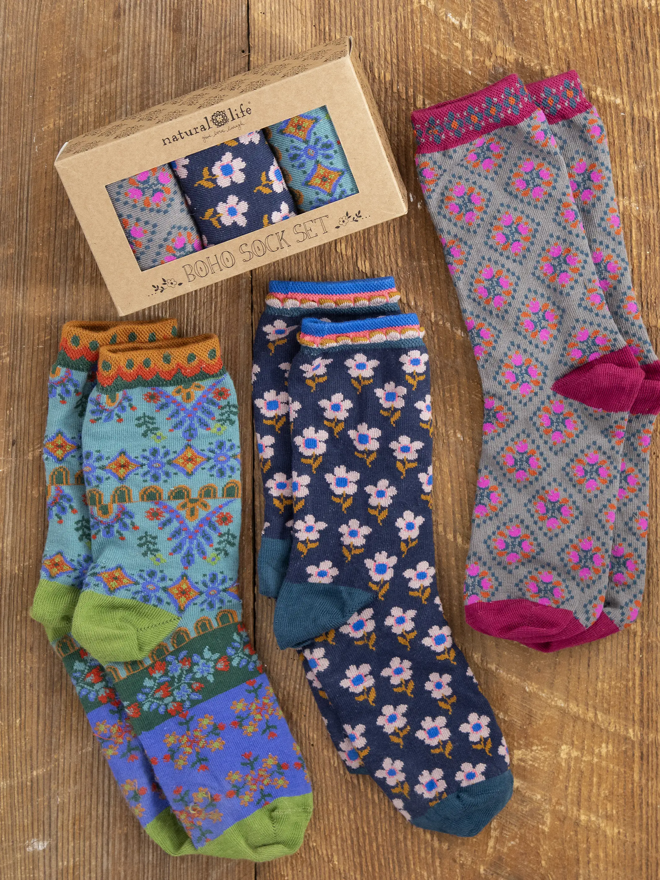Boxed Boho Sock, Set of 3 - Navy Blossom