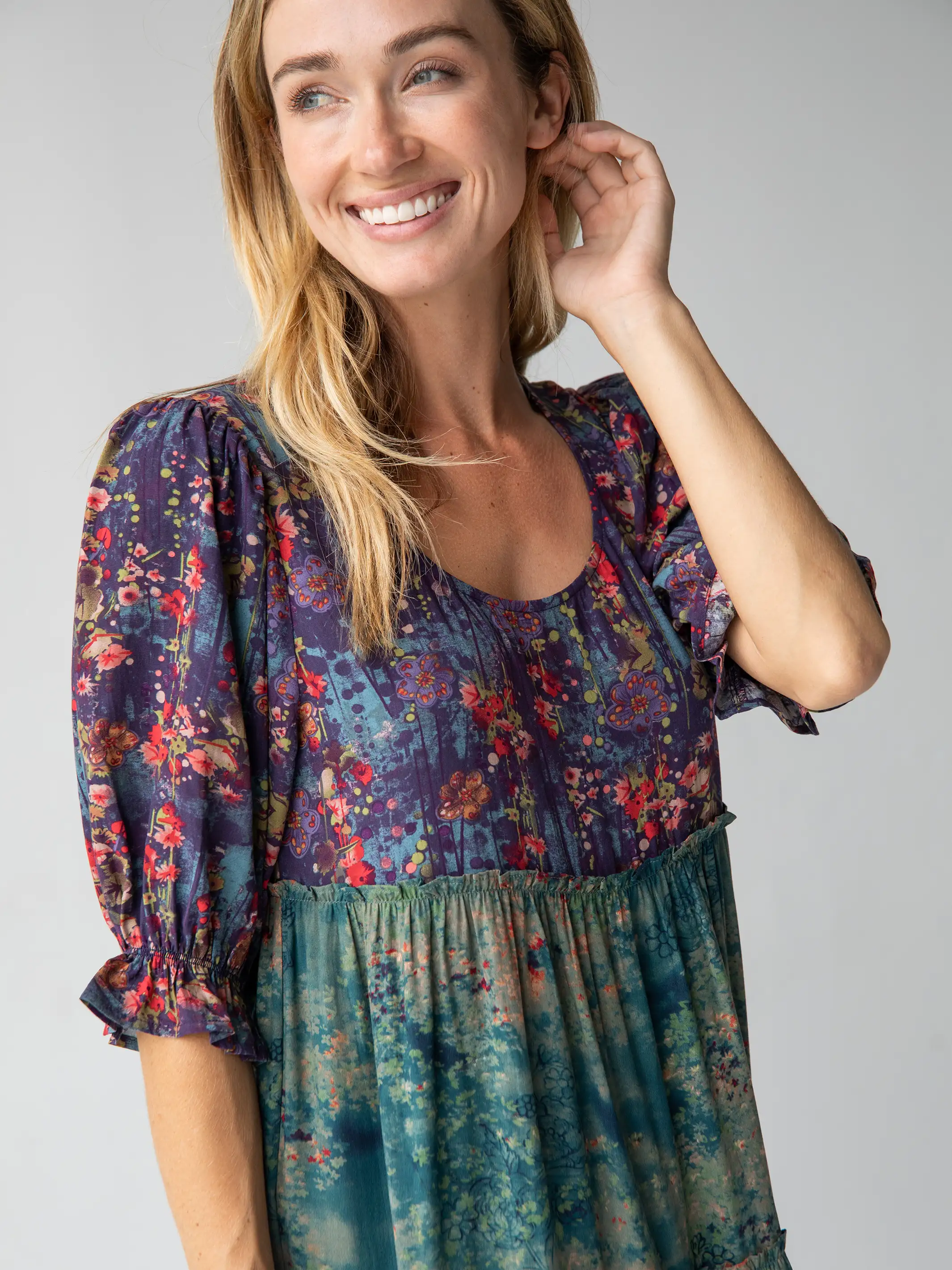 Collette Tiered Maxi Dress - Navy Turquoise Floral