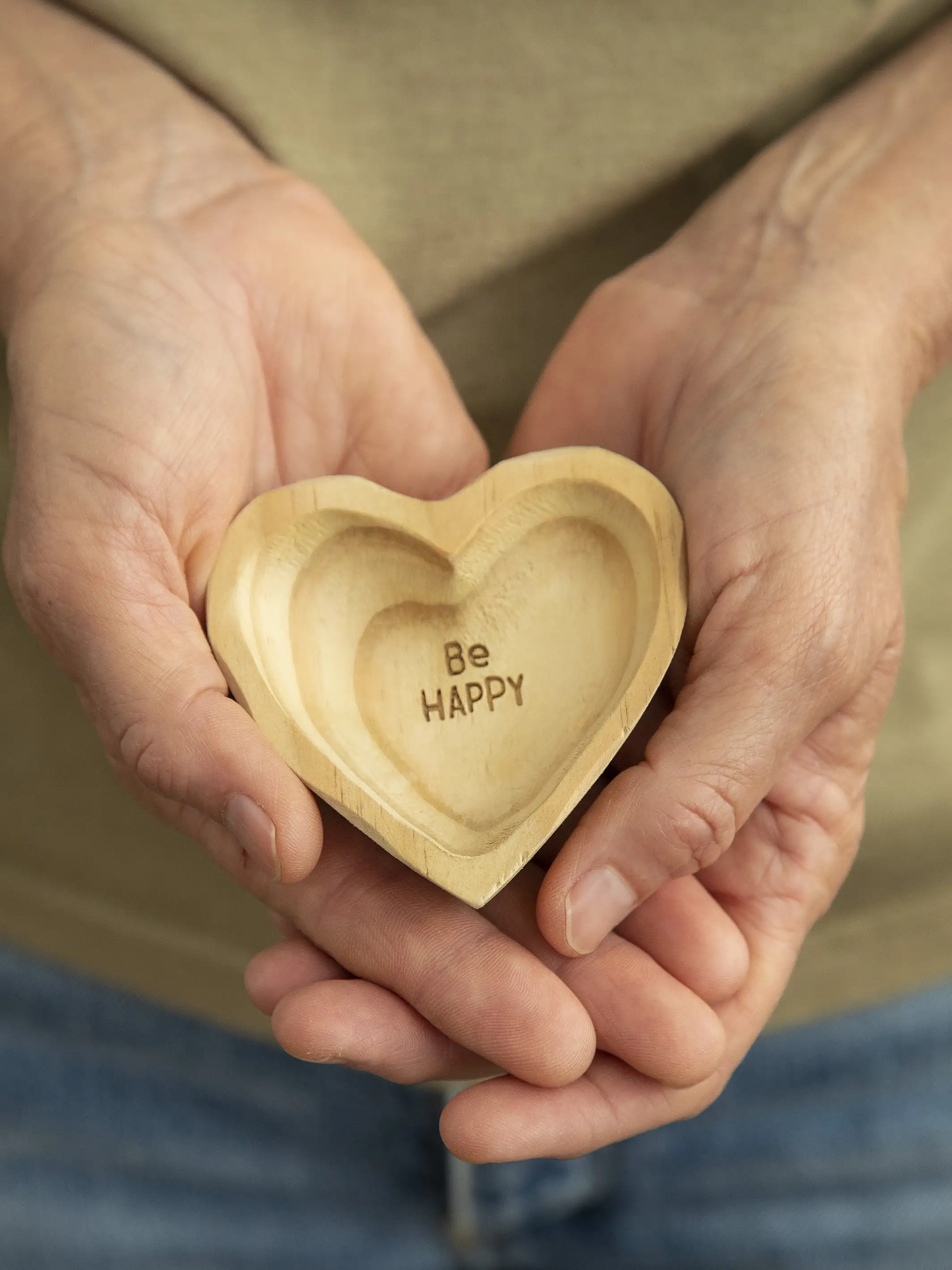 Wooden Heart Trinket Jewelry Dish - Be Happy