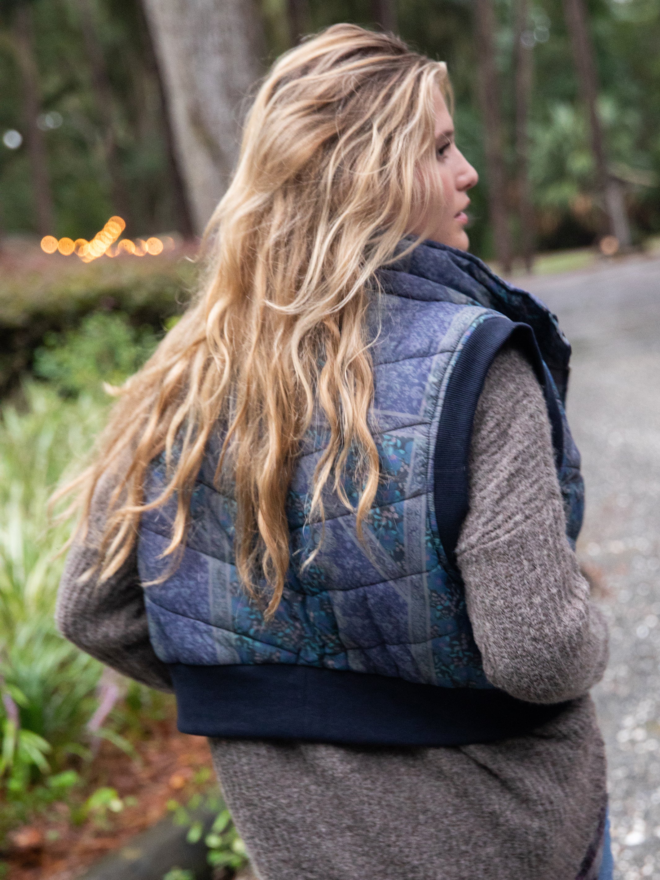 Kali Cropped Puffer Vest - Denim Patchwork