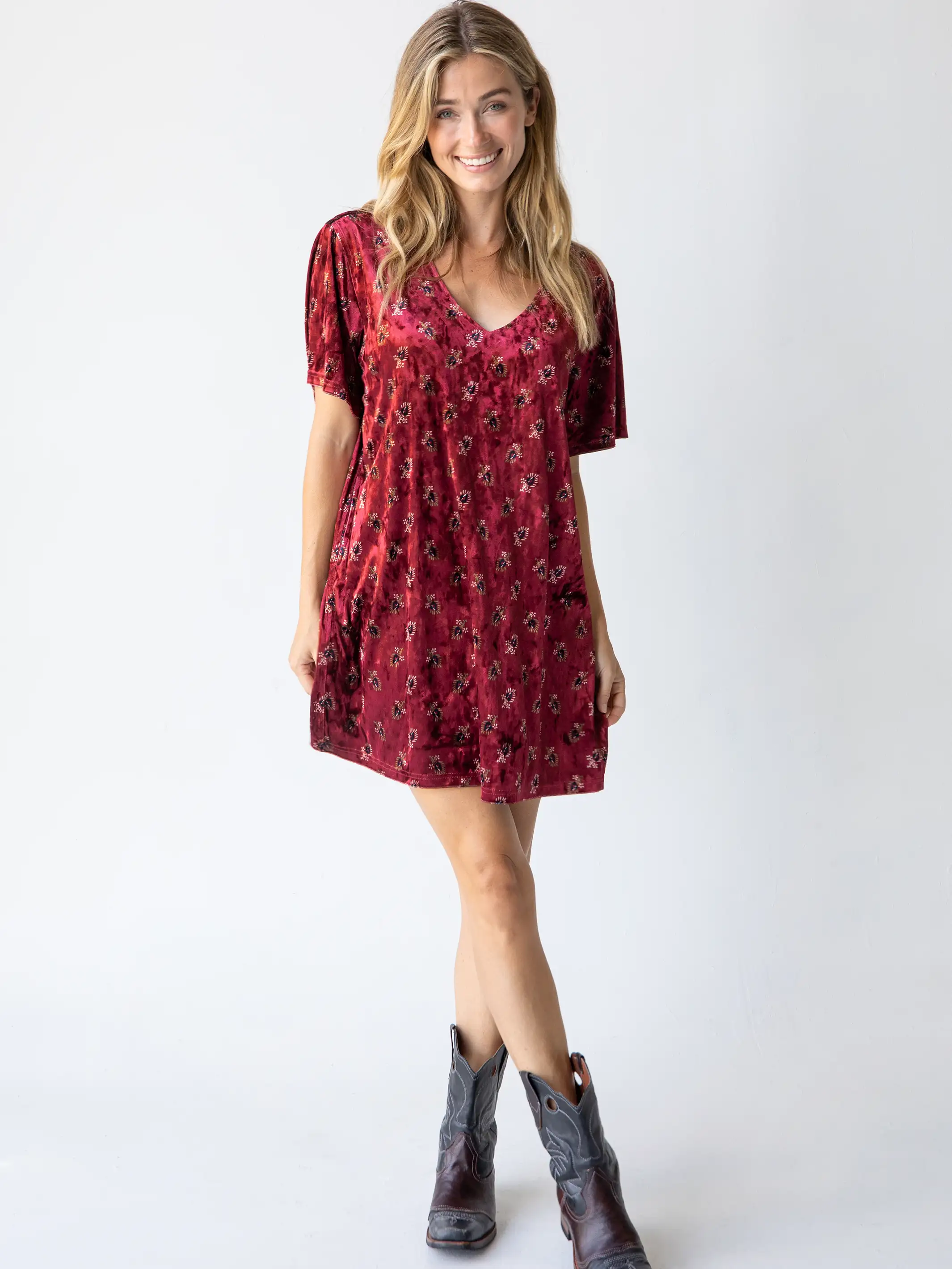 Claire Velvet Dress - Cranberry Fan Motif