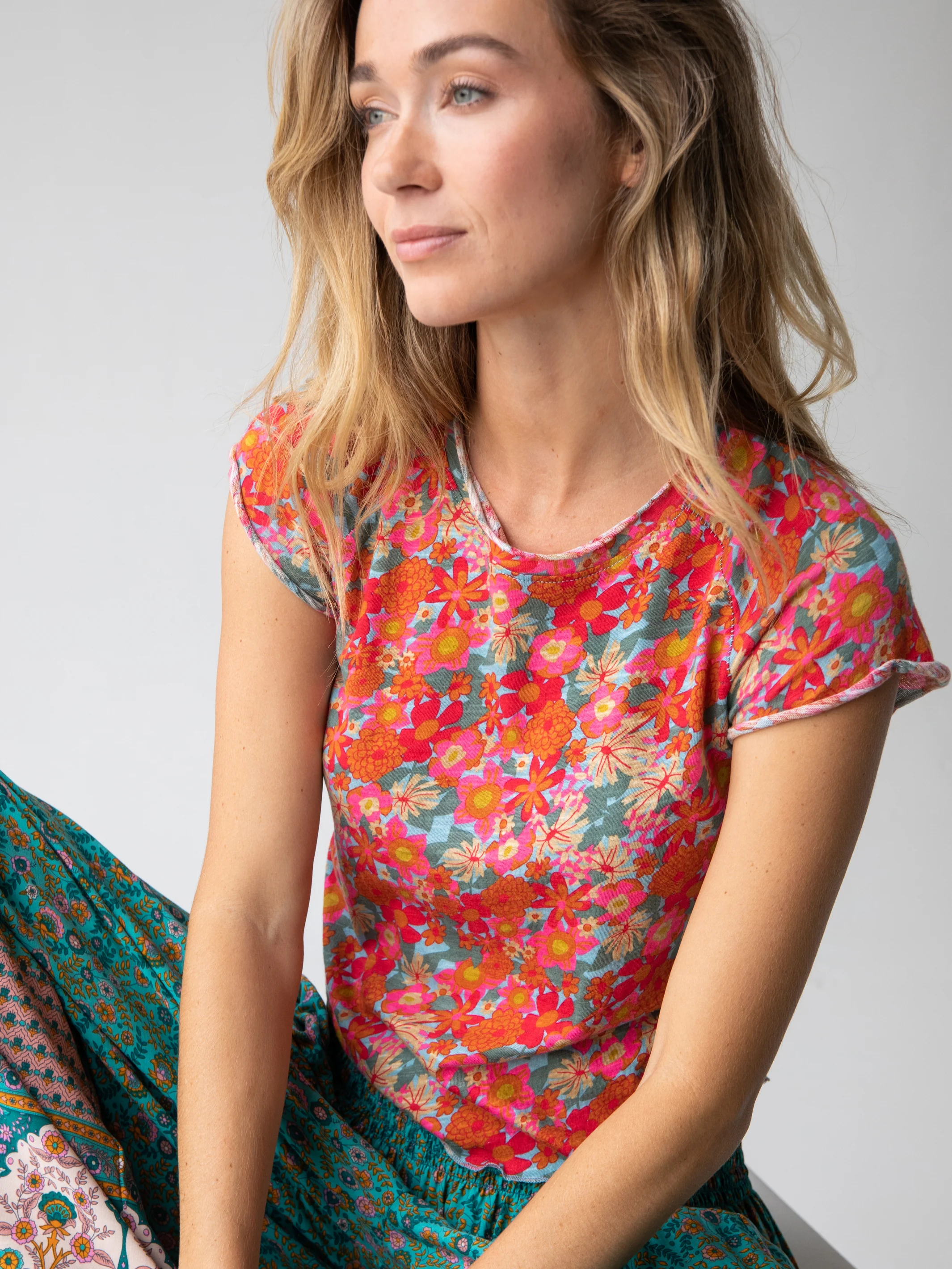 Lily Printed Knit Tee Shirt - Pink Red Floral