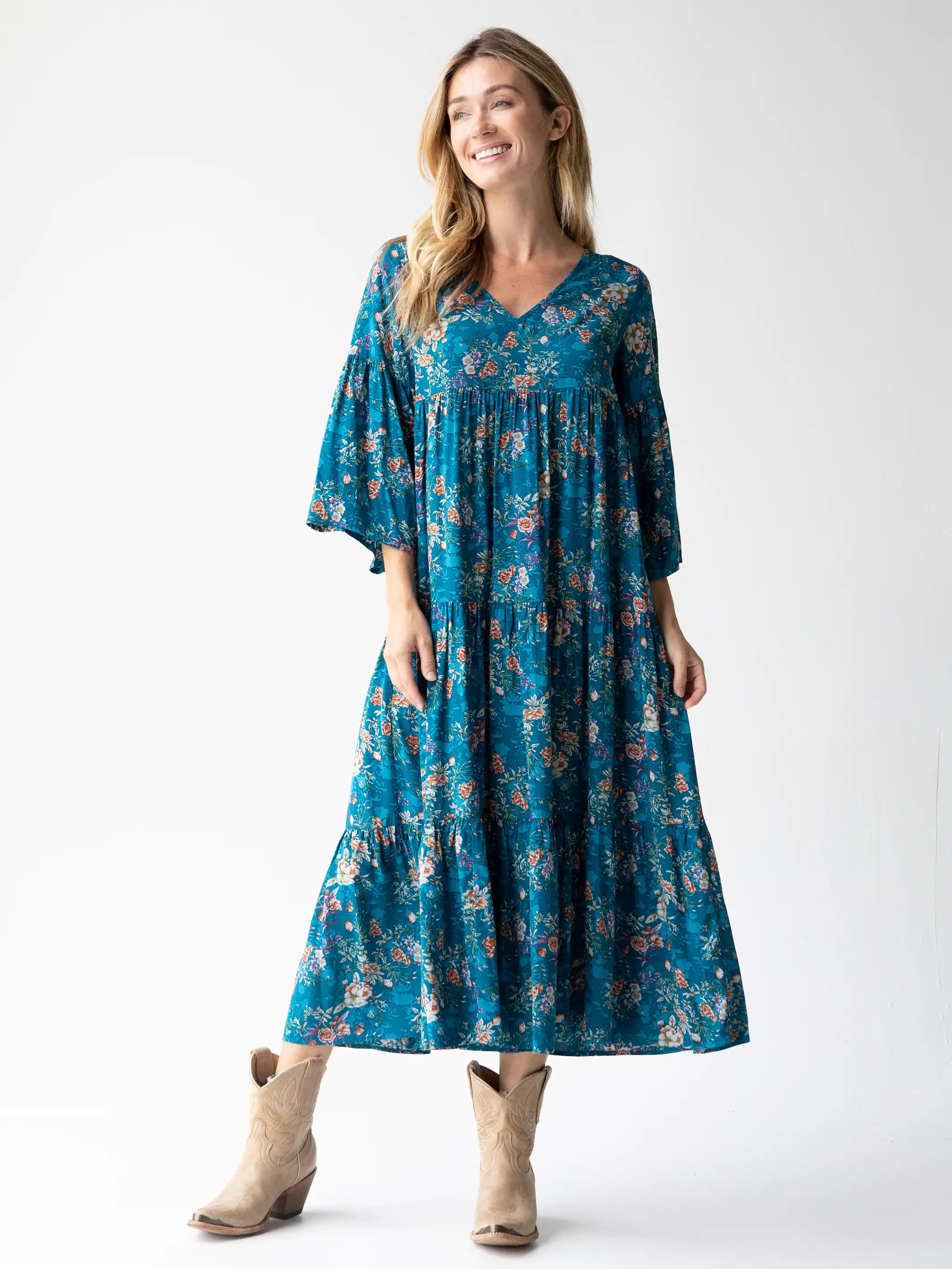 Charlotte Midi Dress - Dark Turquoise Cream