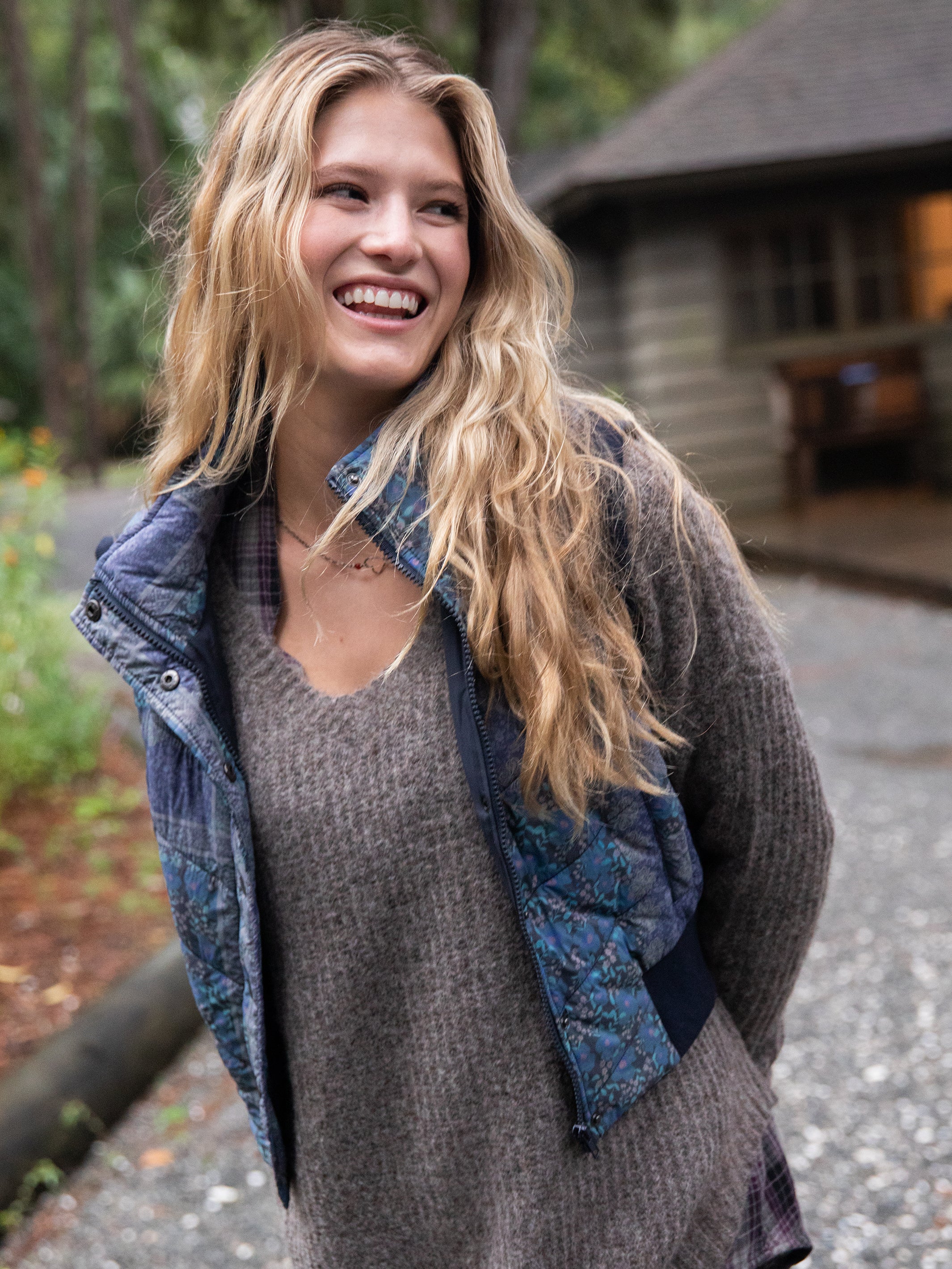 Kali Cropped Puffer Vest - Denim Patchwork