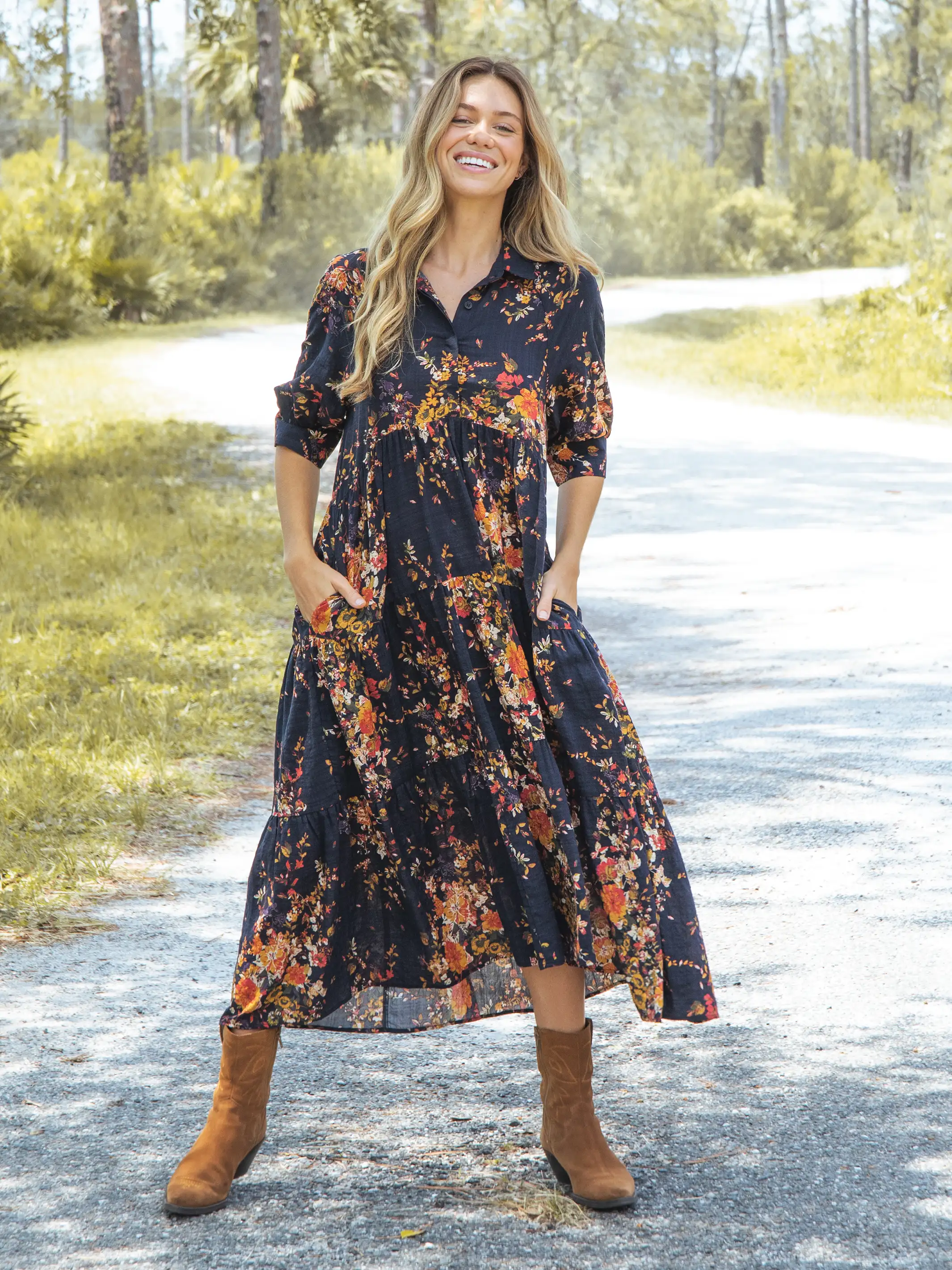 Cotton Rebecca Midi Dress - Navy Red Bouquets