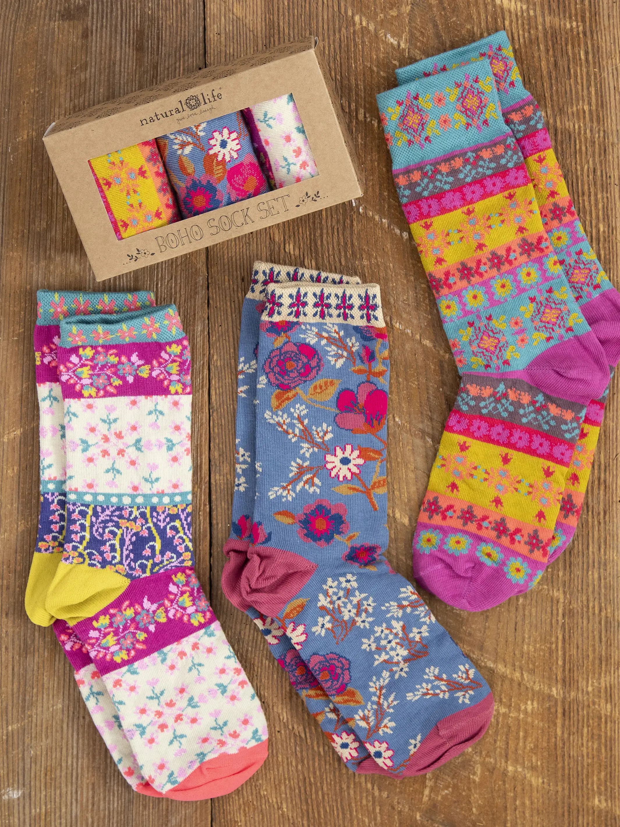 Boxed Boho Sock, Set of 3 - Cream Borders