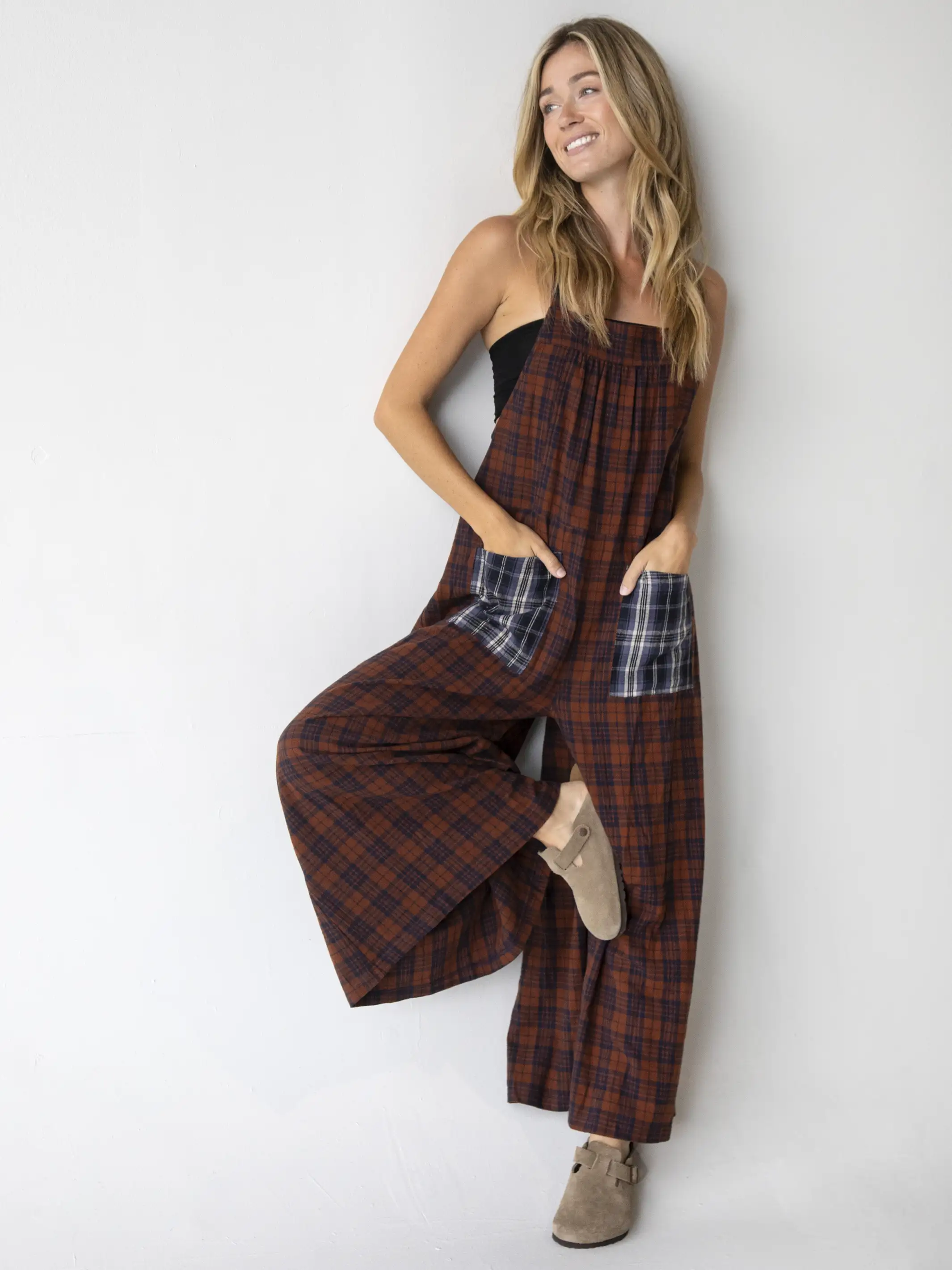 Flannel Dakota Tie Overall - Rust Plaid