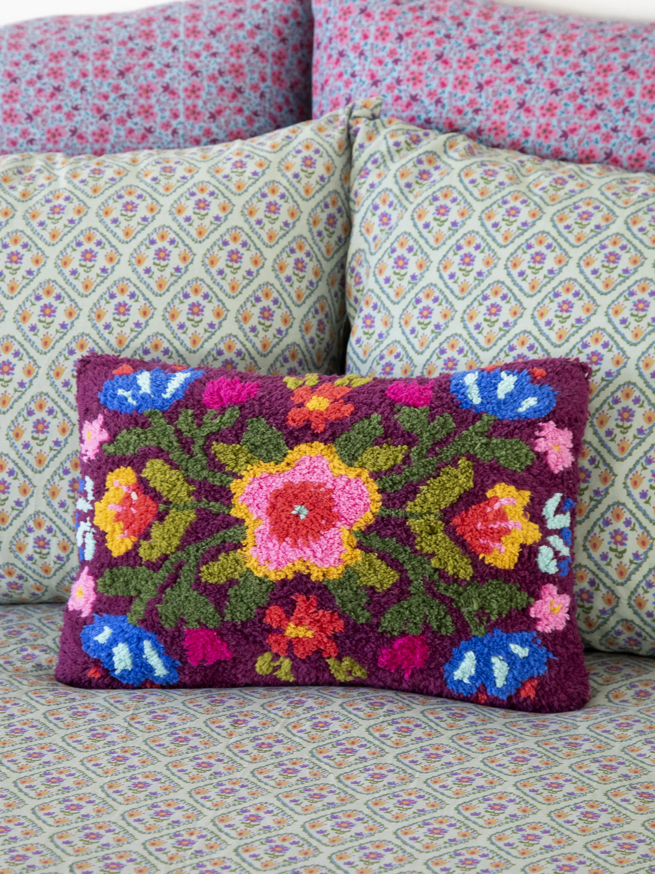 Tufted Pillow - Eggplant Folk Flower