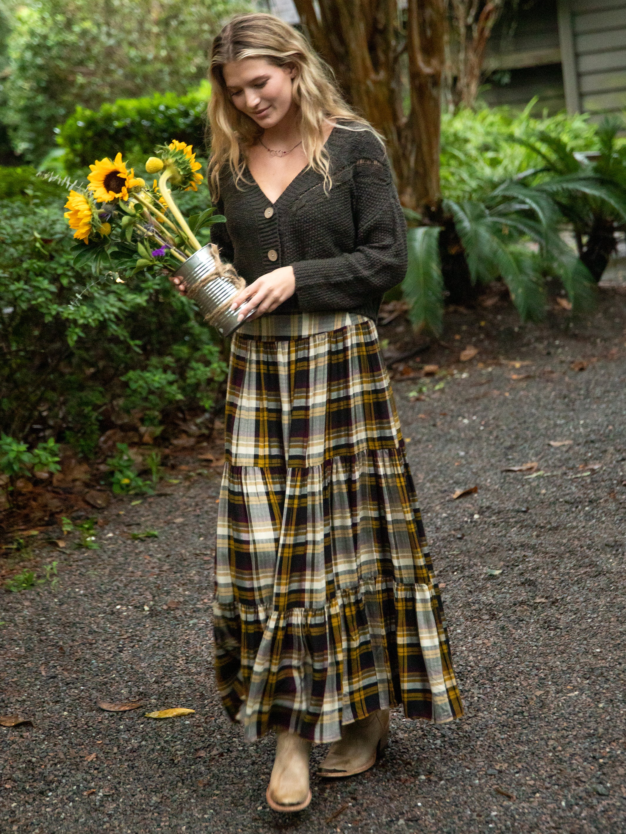 Hanna Convertible Maxi Skirt - Black Tan Plaid