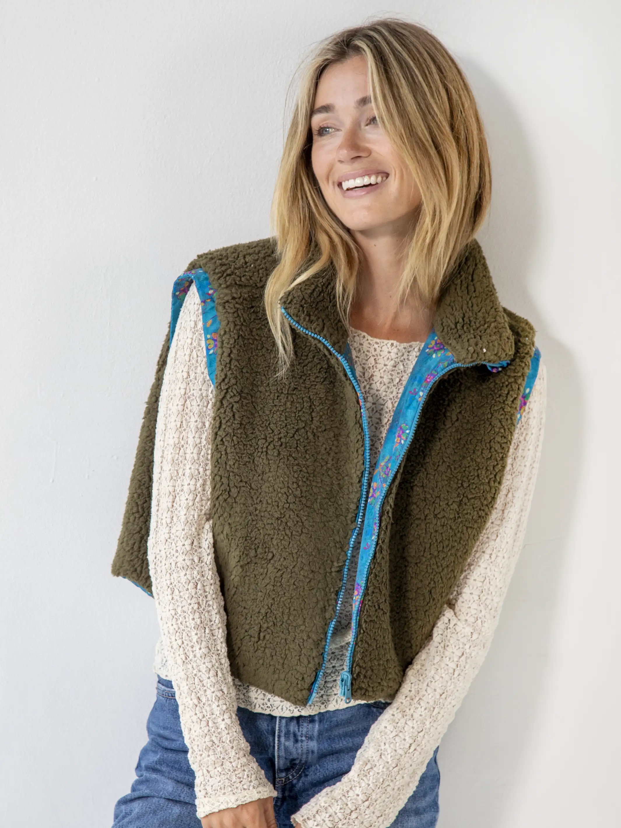 Reversible Sherpa Vest - Teal Purple Floral