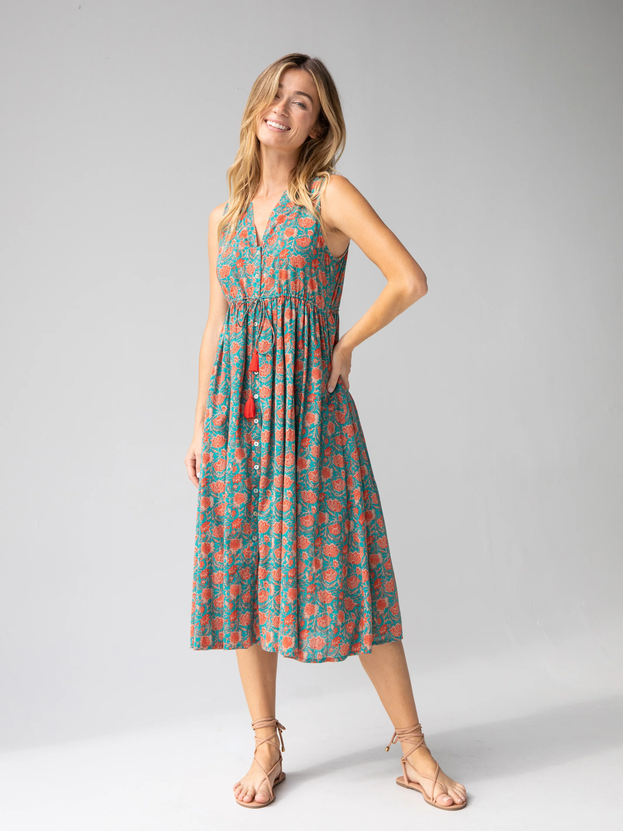 Amelia Sleeveless Shirt Dress - Turquoise Vines