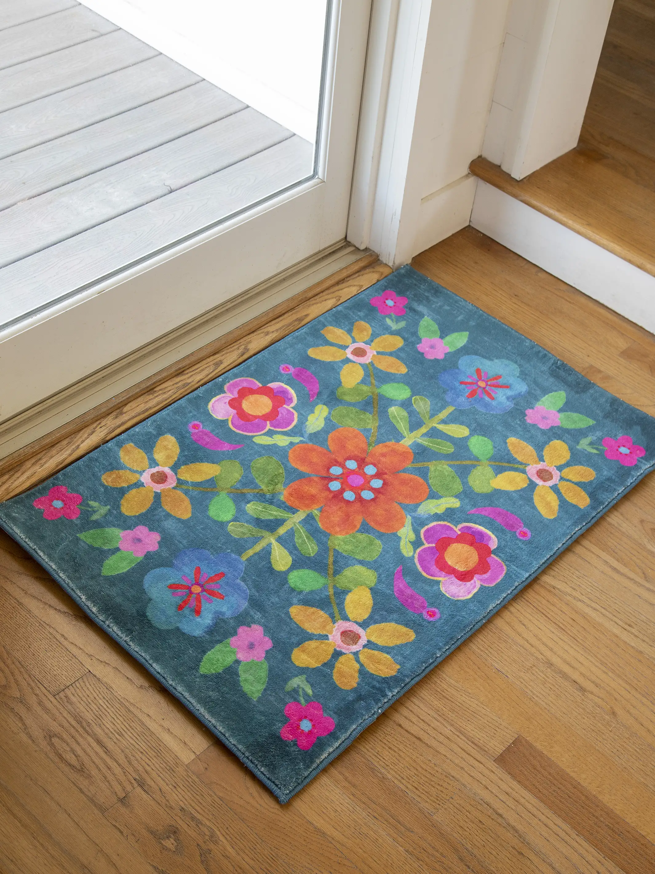 Chenille Rug, 2' x 3' - Teal Folk Floral