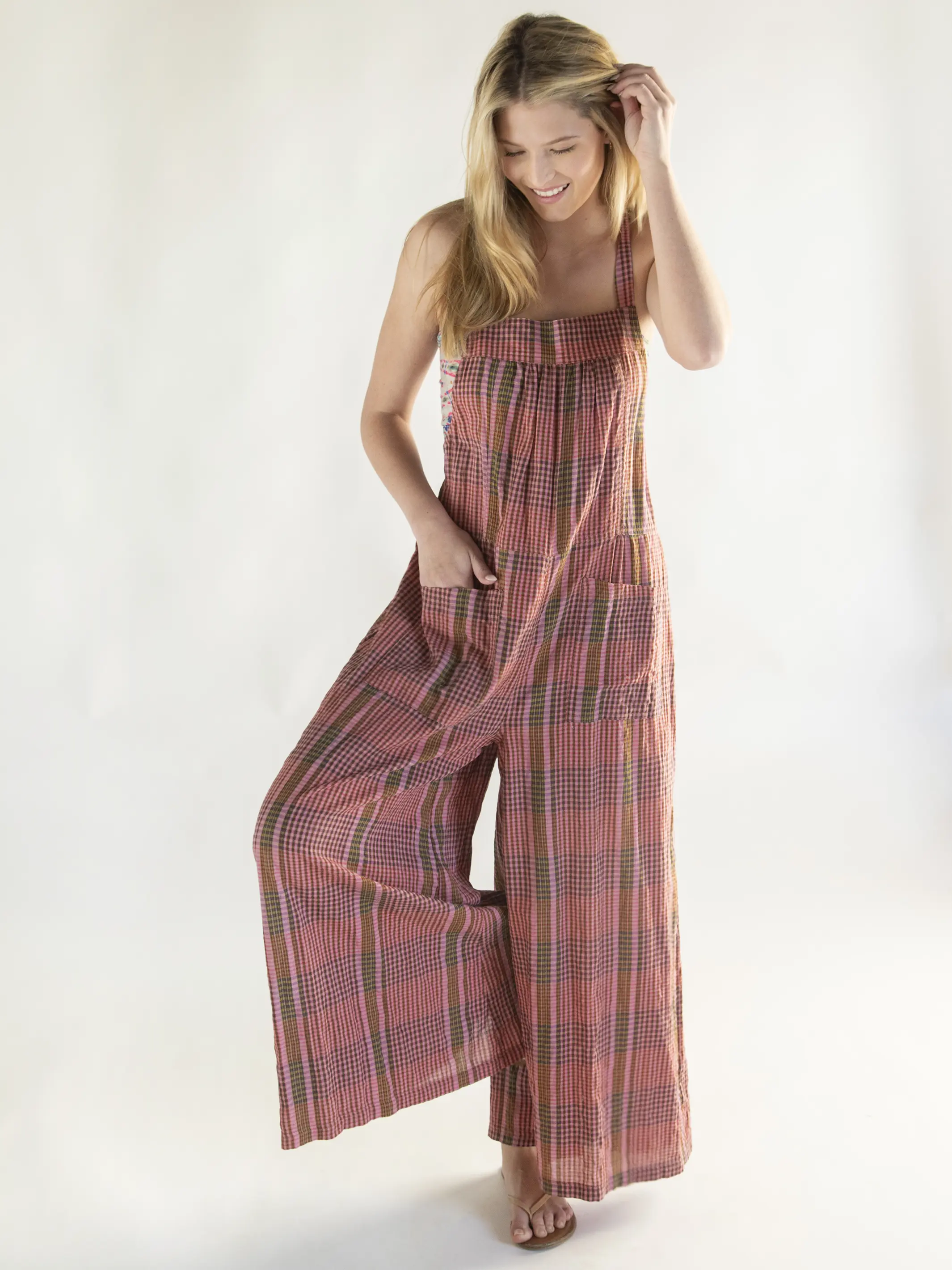 Cotton Dakota Tie Overall - Pink Plaid