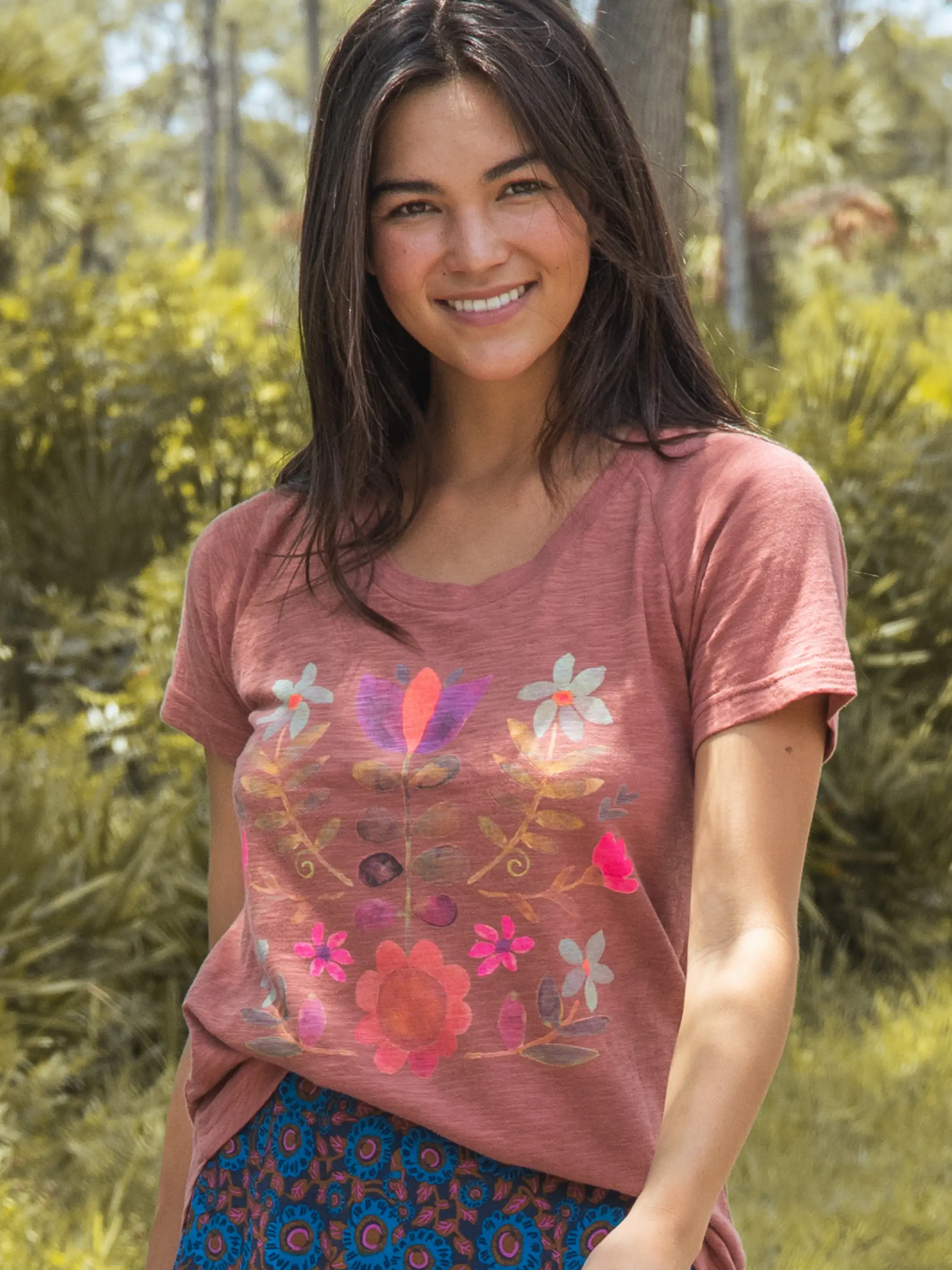 Boho Tee Shirt - Rust Folk Flower
