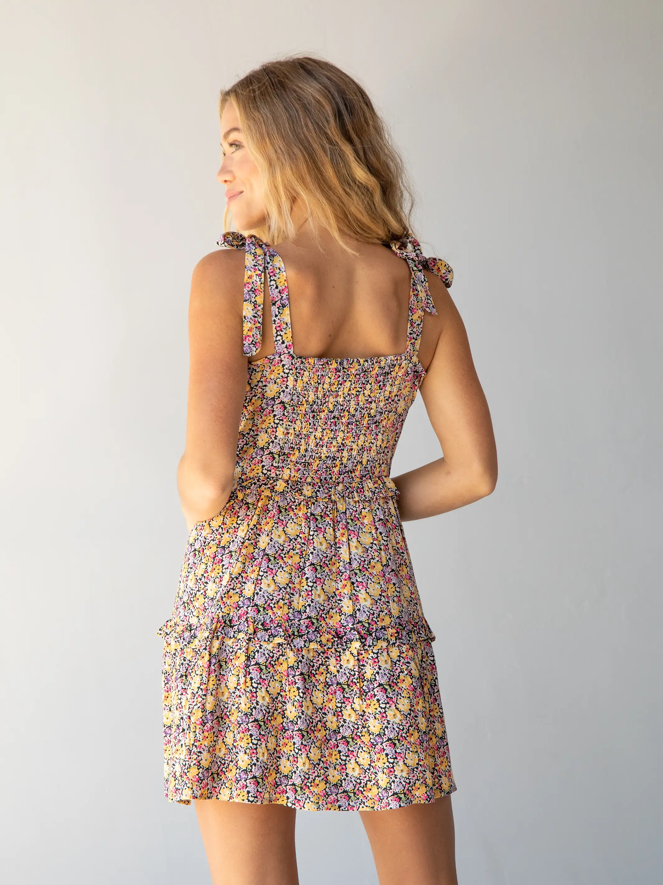 Grace Mini Dress - Yellow Purple Floral