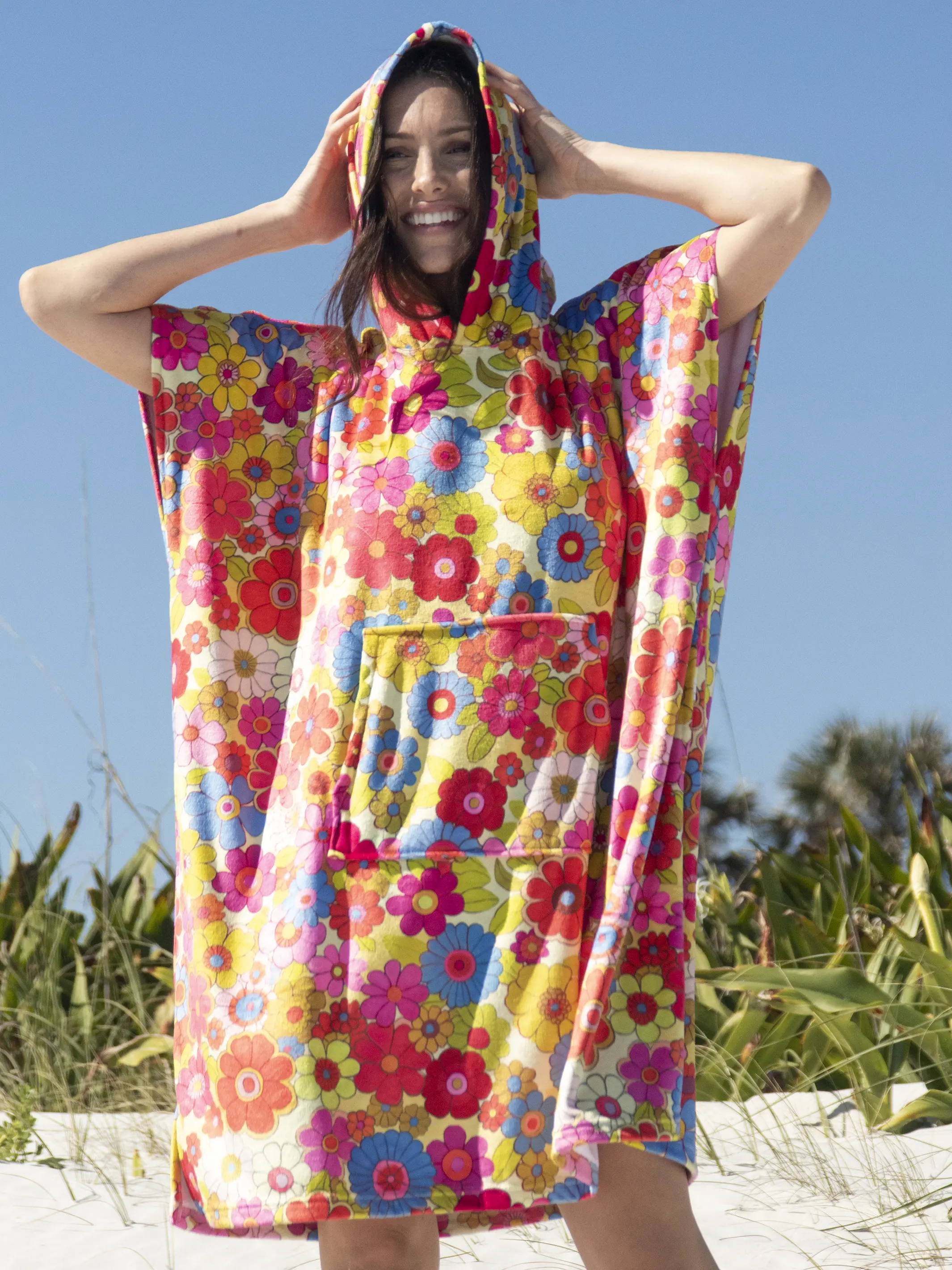 Beach Towel Changing Poncho - Yellow Retro Floral
