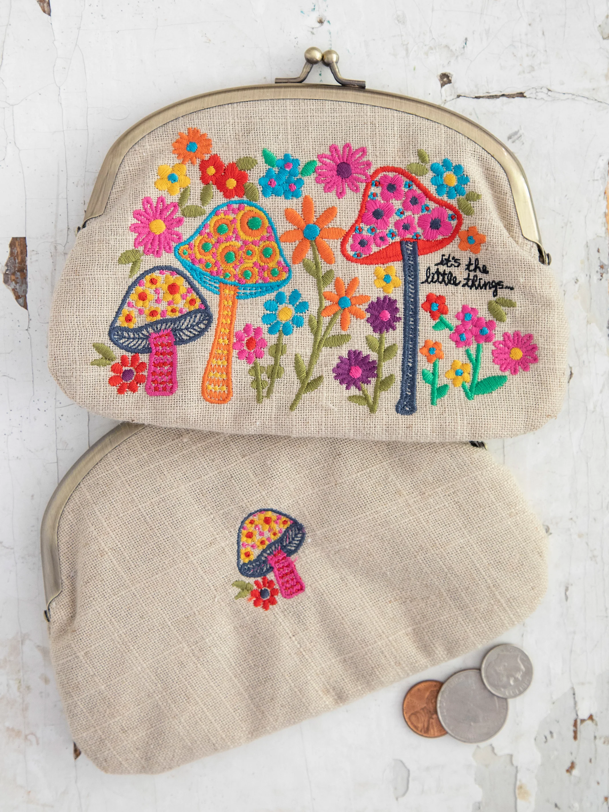 Embroidered Coin Purse - Cream Mushroom