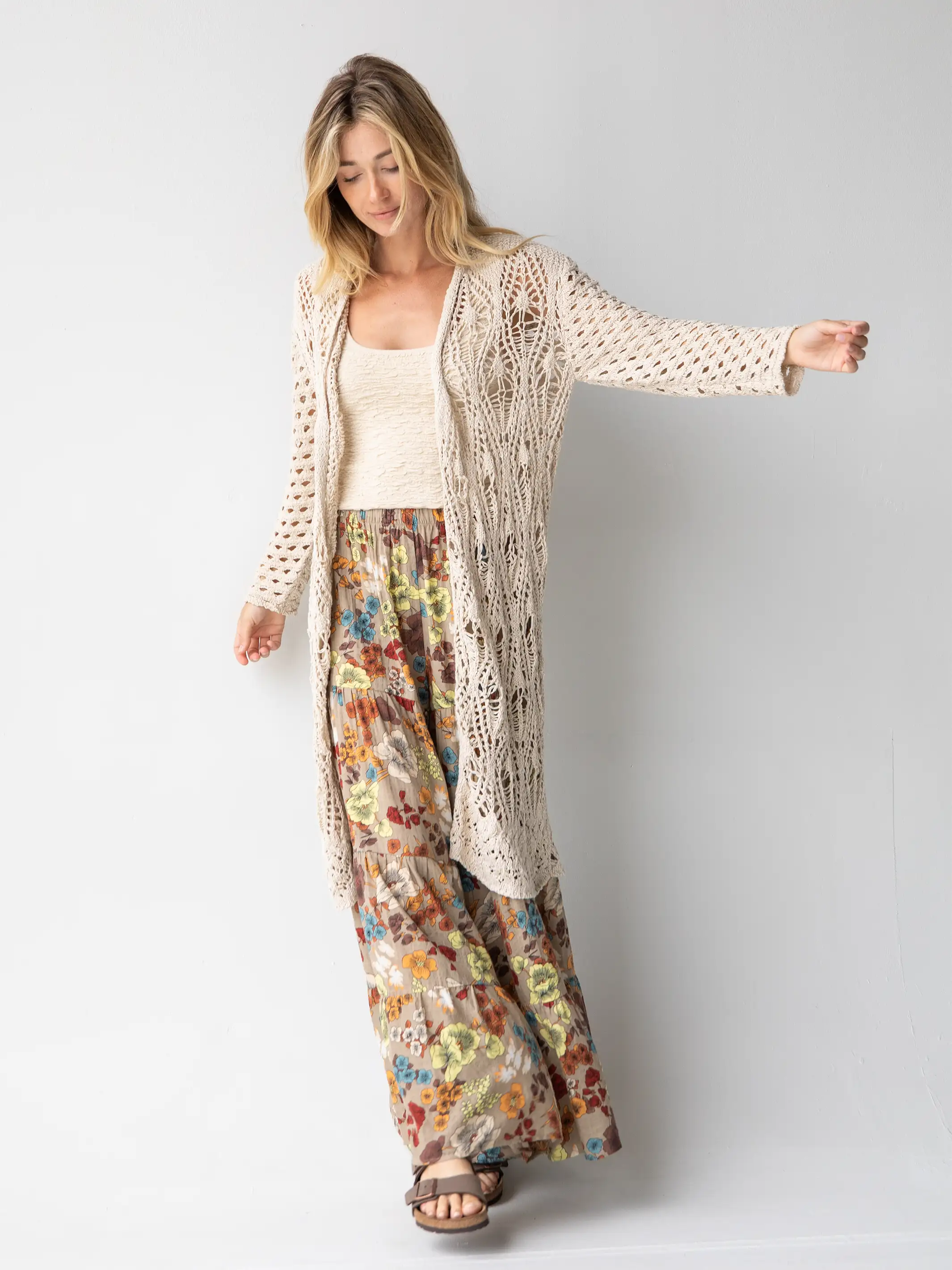 Cotton Patti Palazzo Pant - Tan Cream Floral