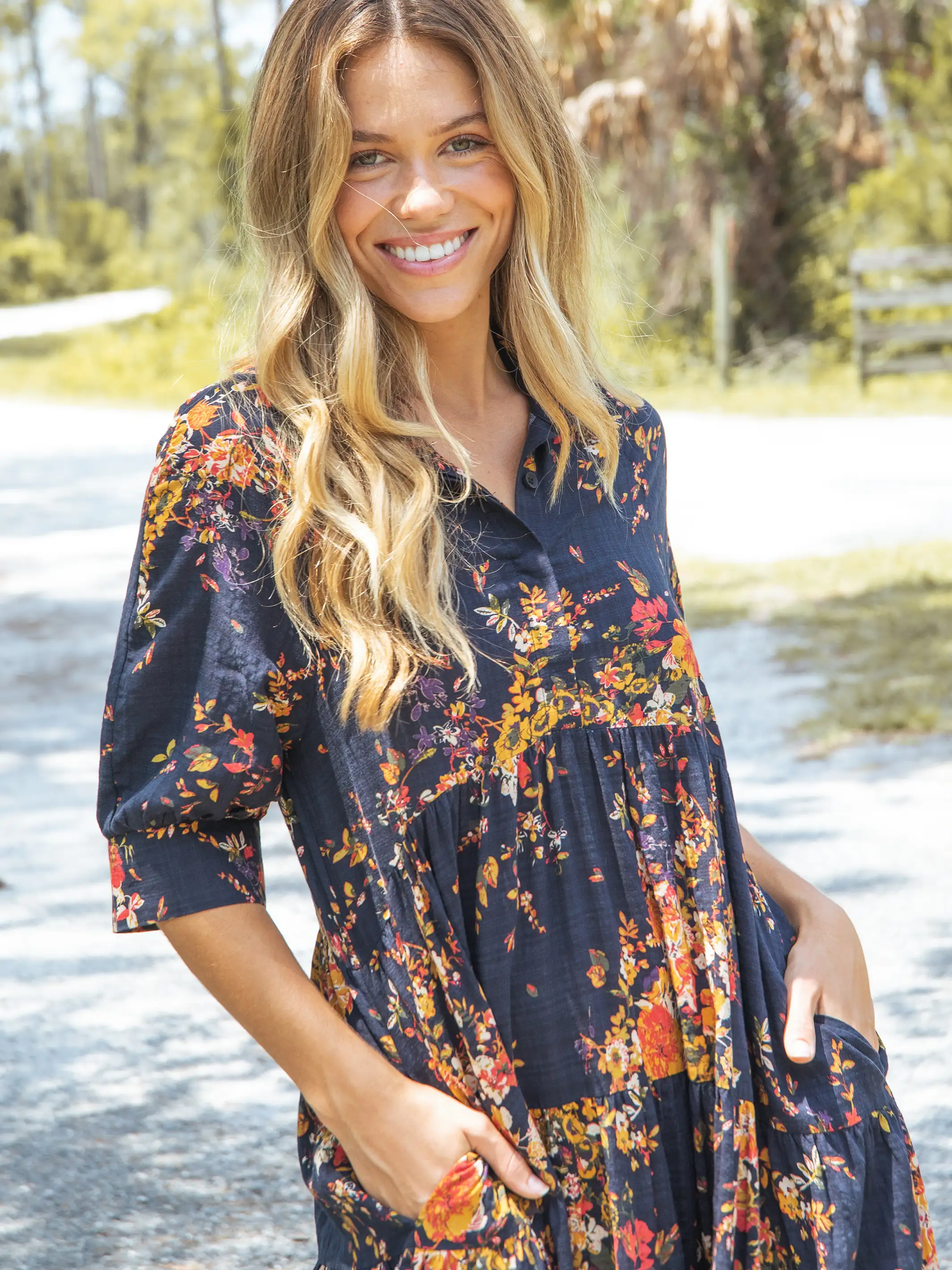 Cotton Rebecca Midi Dress - Navy Red Bouquets