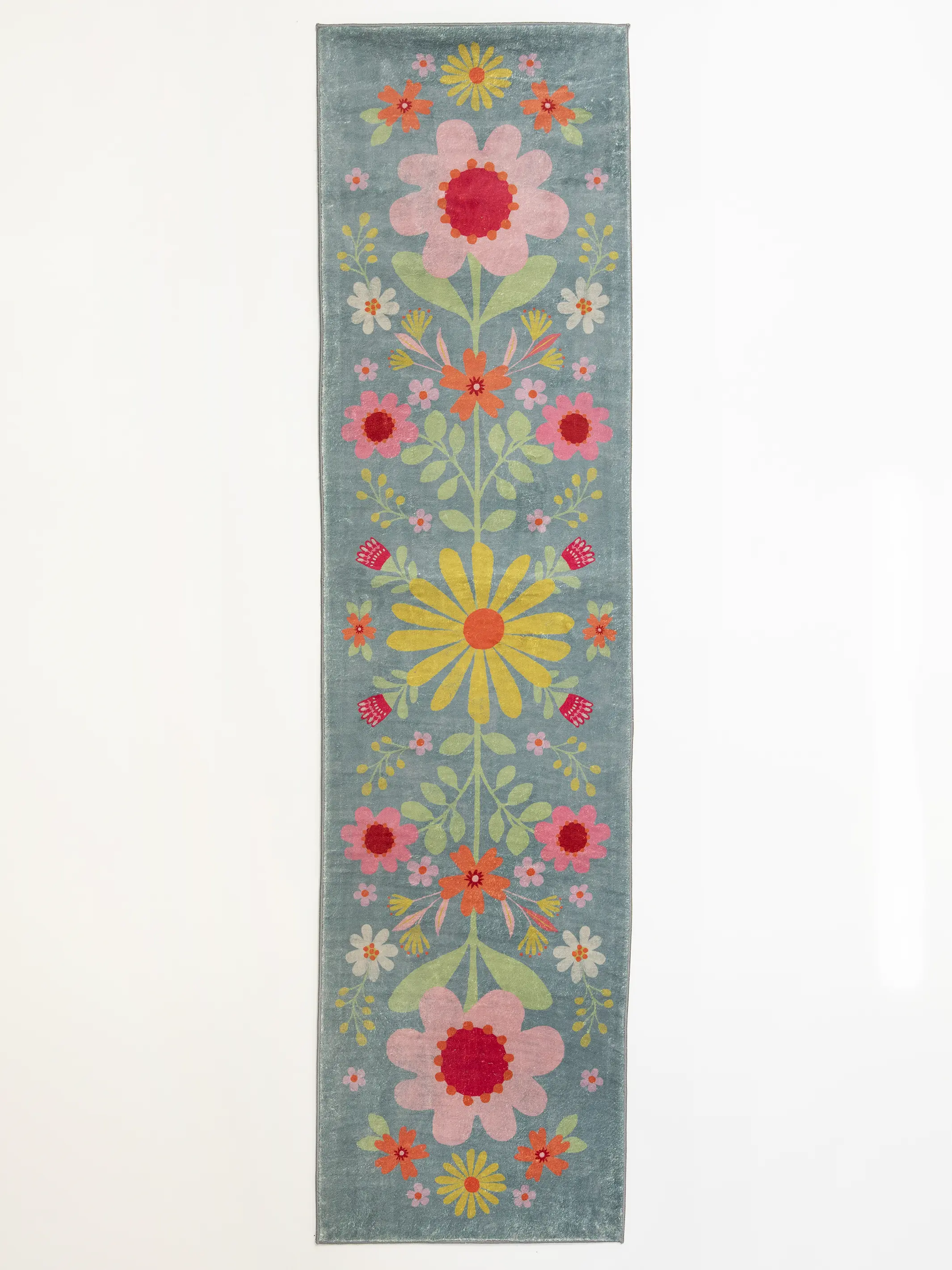 Chenille Rug, 2' x 8' - Turquoise Folk Flower