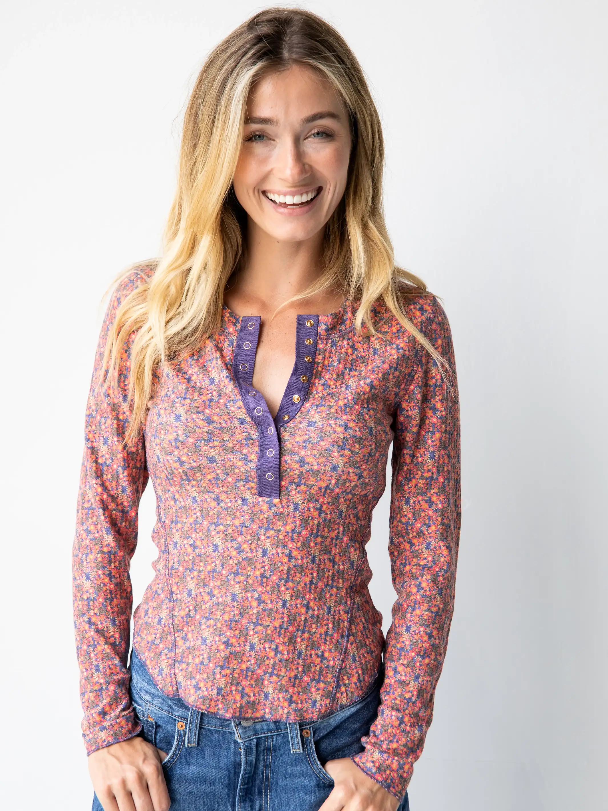 Reagan Thermal Henley - Pink Multi Floral